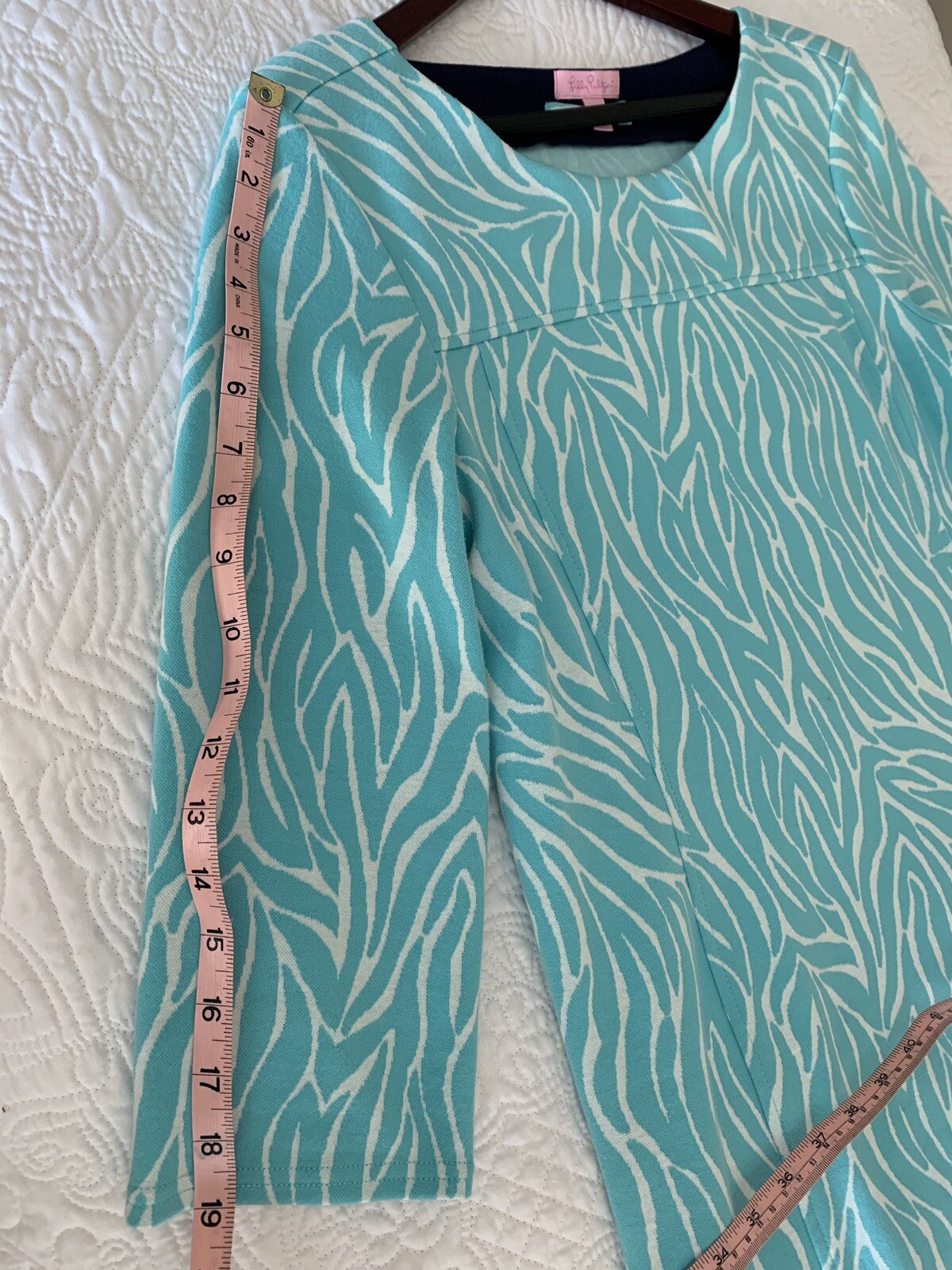 Lilly Pulitzer Blue Dress Large Shift Sleeves Self Tie Belt