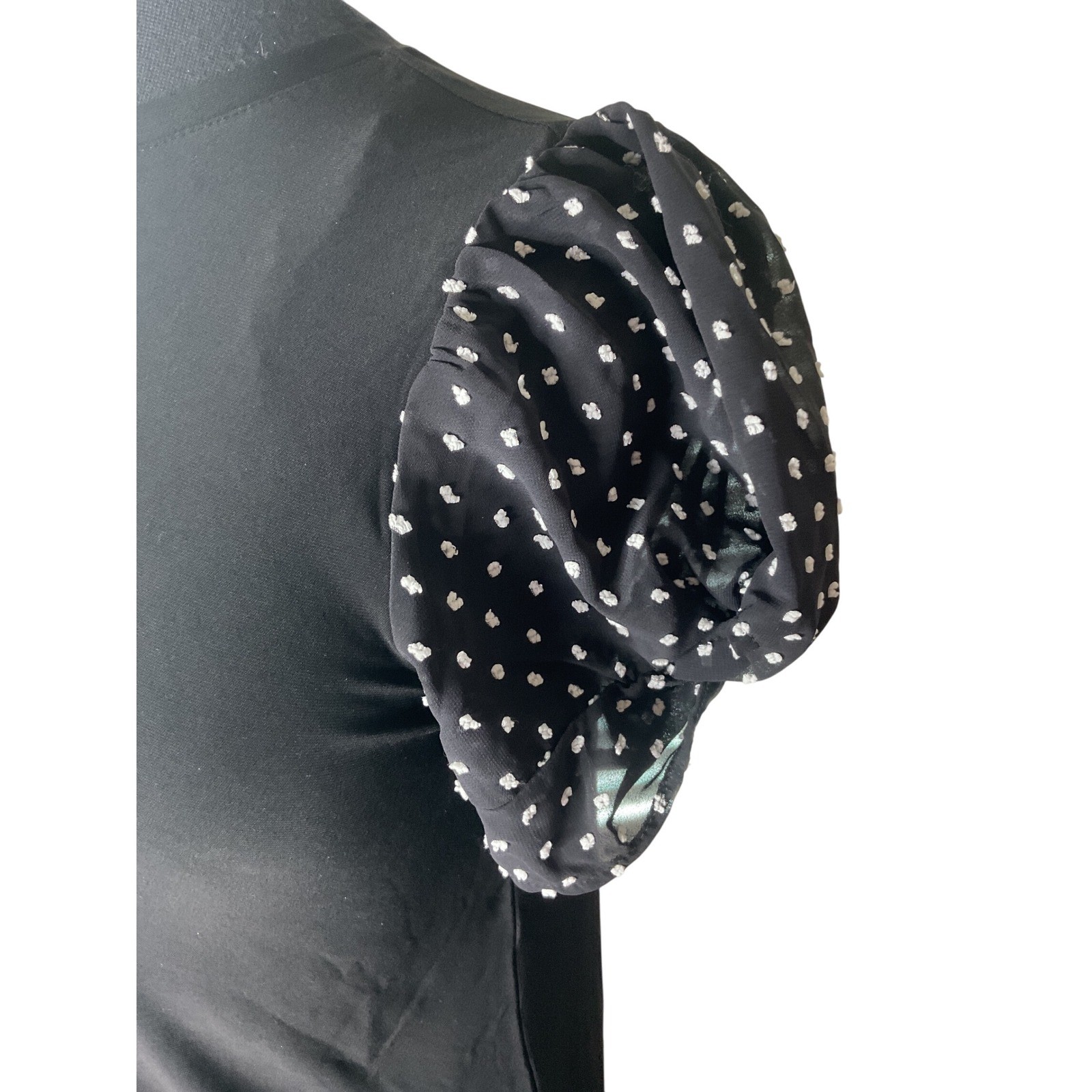 NWT Anne Klein Black Puff Sleeve Top Polka Dot Blouse Womens