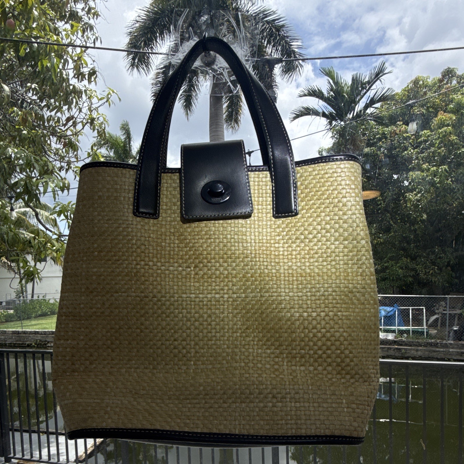 Coach Woven Beige Black Tote Bag Turn Lock Zip Double Handles Inner Pockets