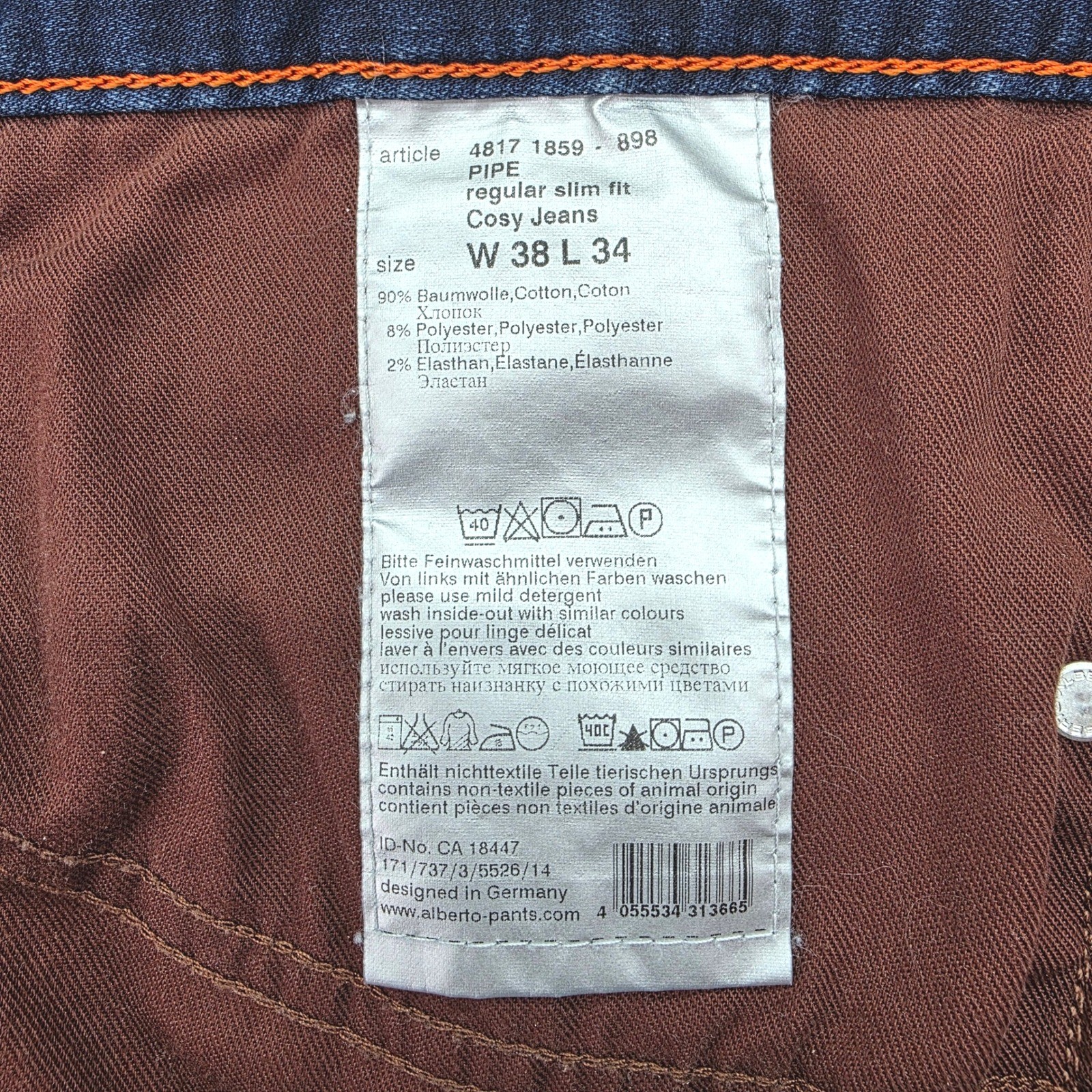Alberto Pipe Regular Slim Fit Cosy Jeans Men’s Size W38 L34 Dark Wash Strech