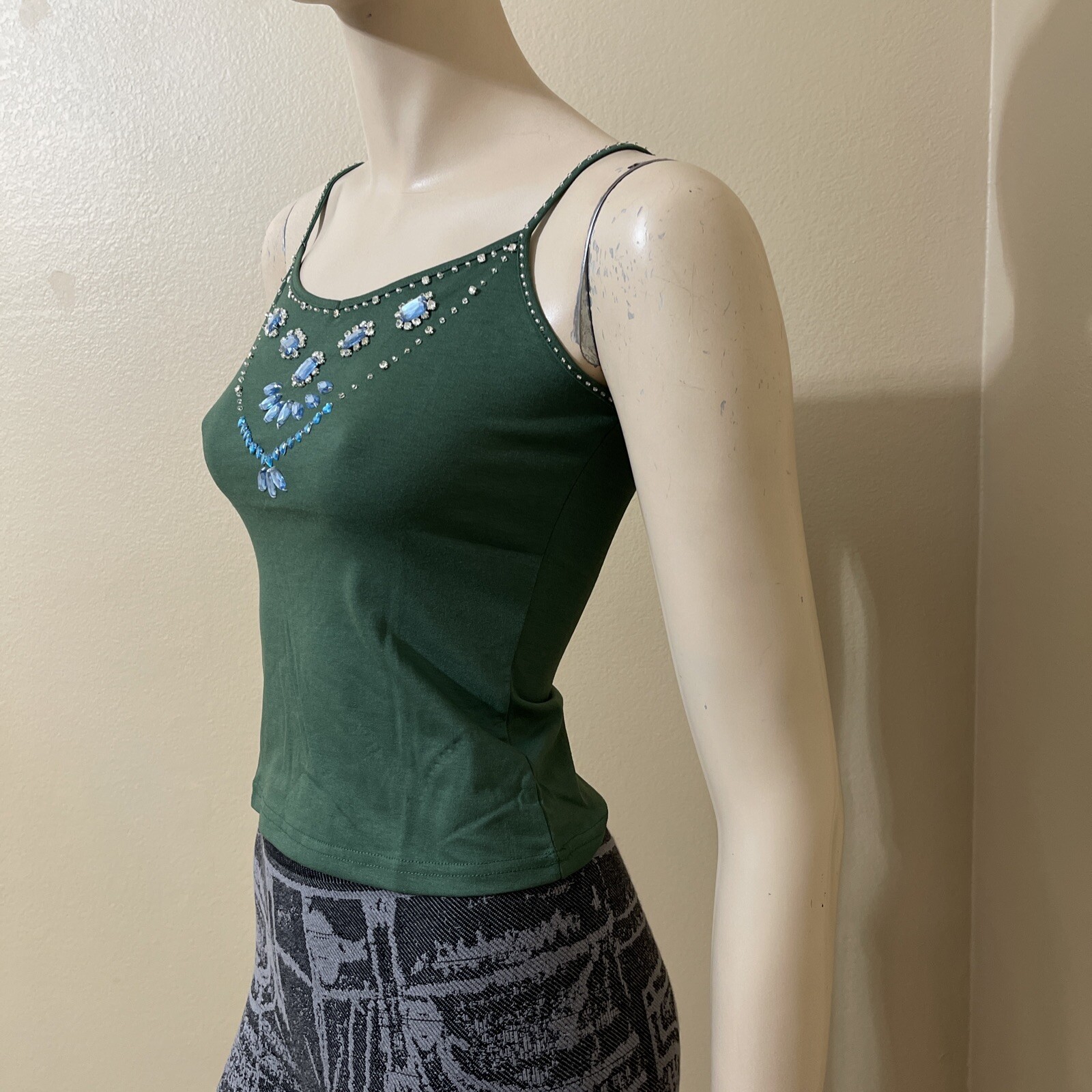 Women’s Green Polyurethane Casual Summer Stretch Slim Beaded Size S Blouse Top