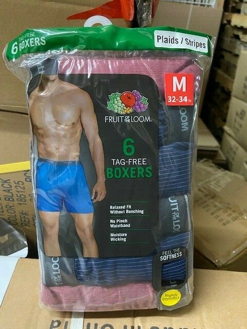 Fruit of the Loom Men’s 6-Pack Assorted Plaids/Stripes Boxers Tag Free