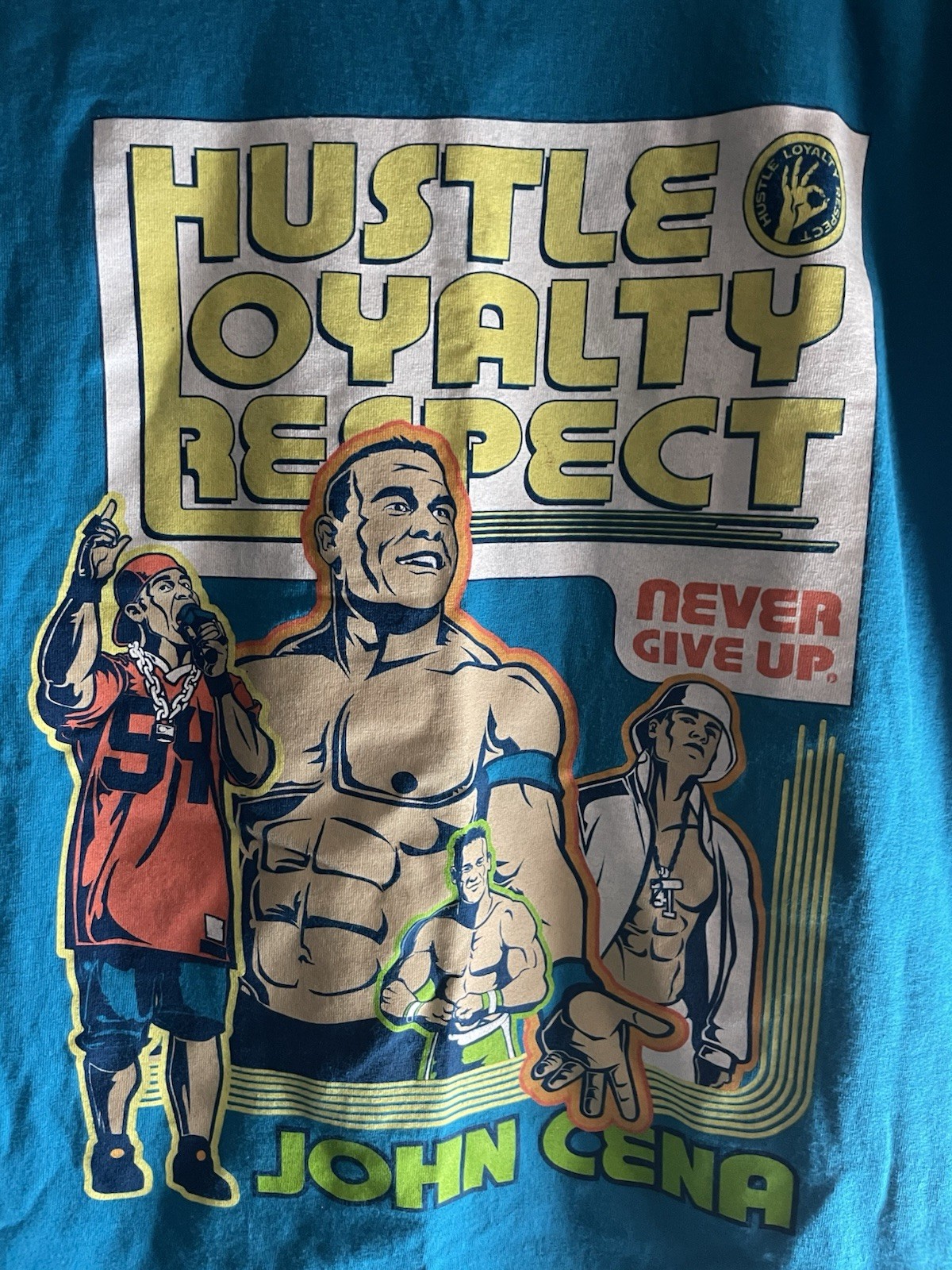 WWE John Cina Hustle Loyality Respect Never Give Up Graphic Tee Shirt M