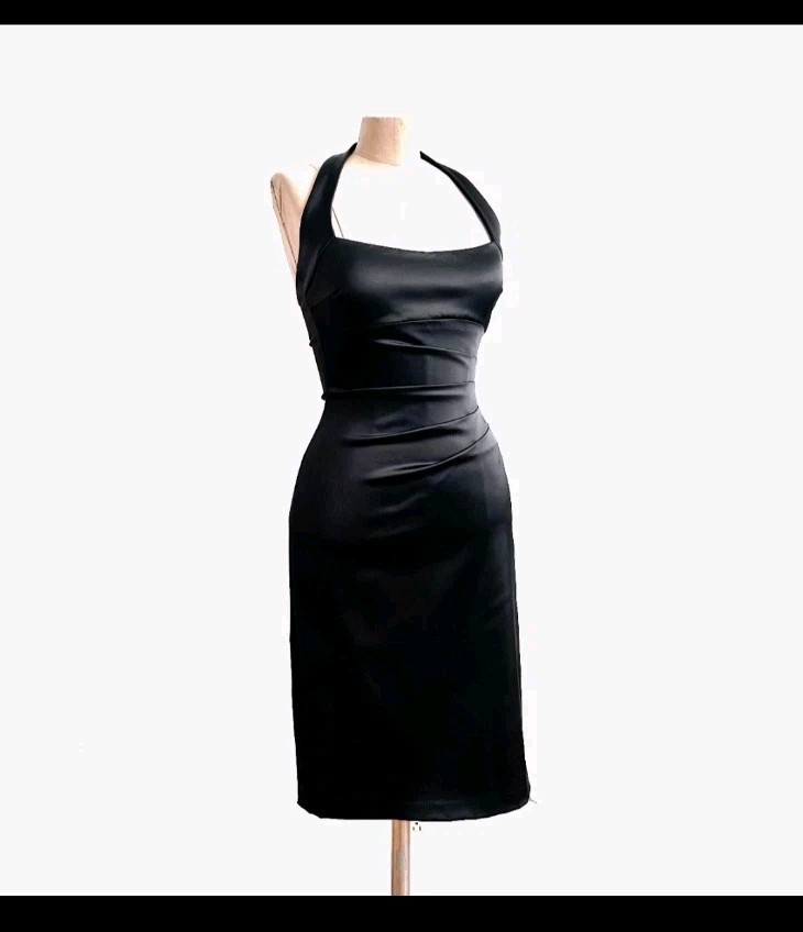 Bodycon CACHE Y2K Era Black Stretch Satin Dress M 8 Sexy Cocktail Halter