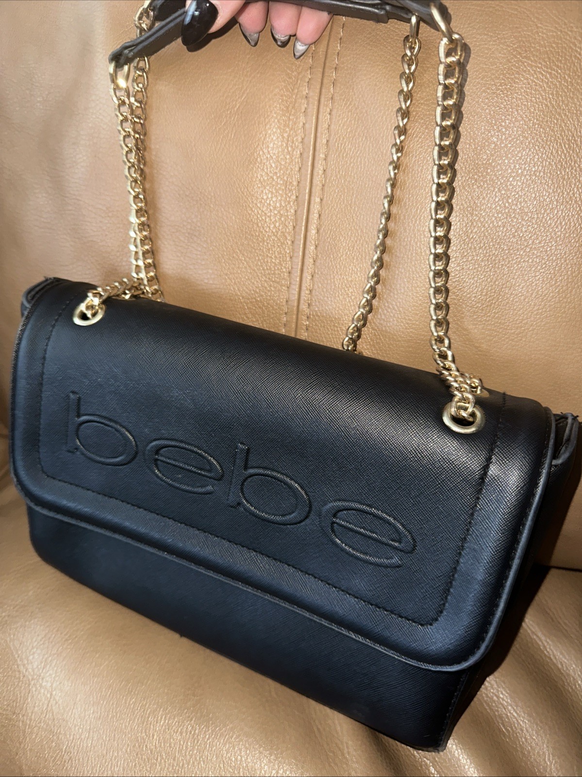 bebe Black Logo Flap Quilted Crossbody Bag Gold Chain Convertible Detach Strap