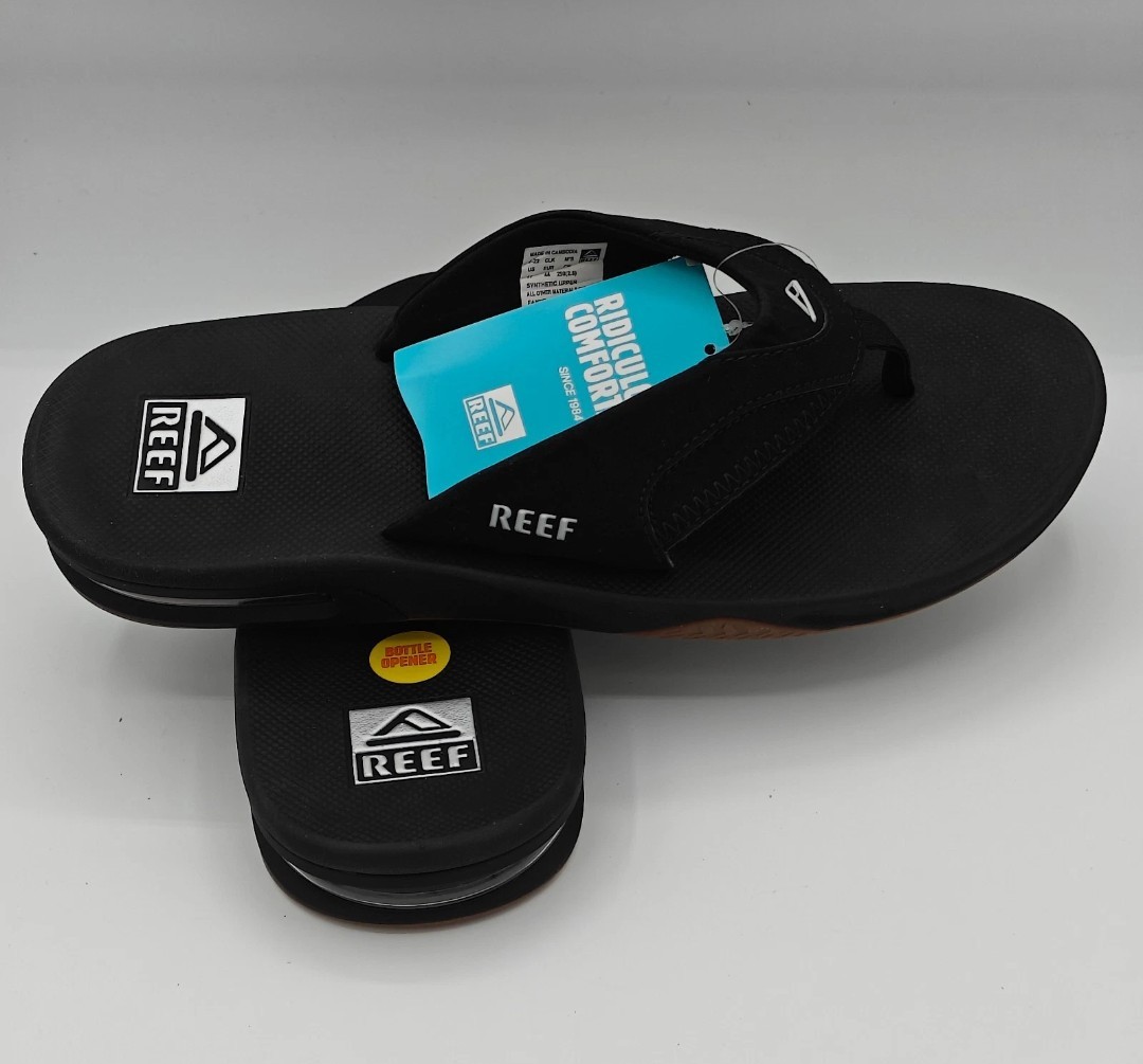 Reef Fanning Flip Flops Bottle Opener Black/Silver Sandals Men’s Size 9 NWOT