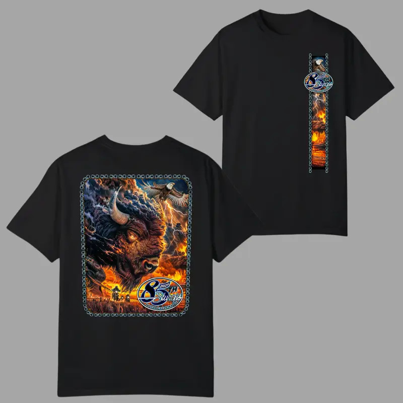 Sturgis 2025 Rally T-Shirt, Fiery Buffalo and Eagle Storm 2 Sides,