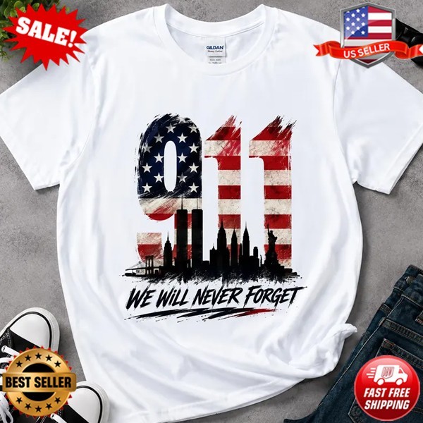 9/11 Memorial Skyline T-Shirt, Patriotic USA Flag Tribute Tee T-Shirt S-5XL