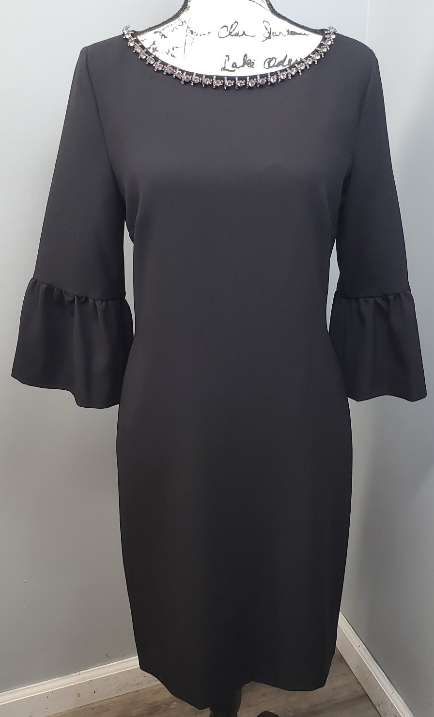 Karl Lagerfeld Paris Sheath Dress Women 8 Black Beaded Neck Bell-Sleeve Back Zip