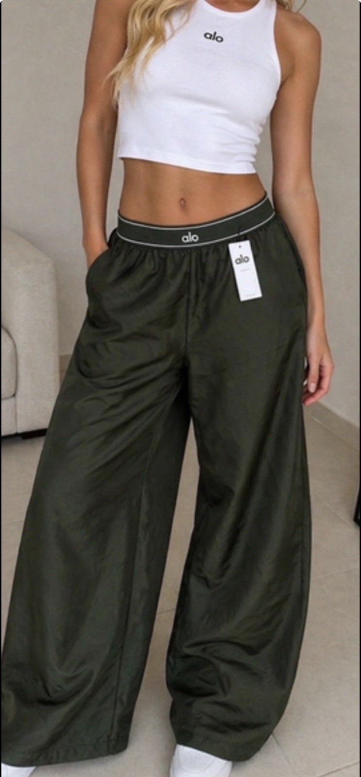 alo Wide-Leg Activewear Pants Dark Green S Elastic Waist Pockets Women