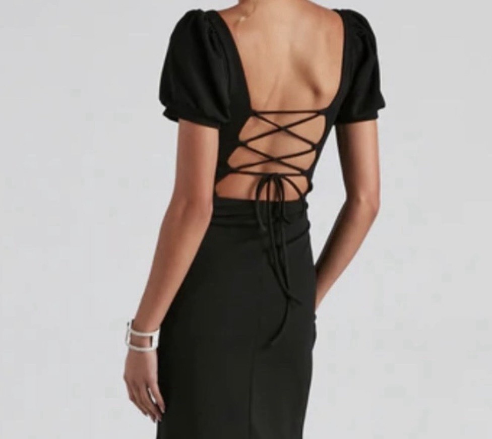 Windsor Denali Formal Puff Sleeve Lace Up Back Gown High Slit XS