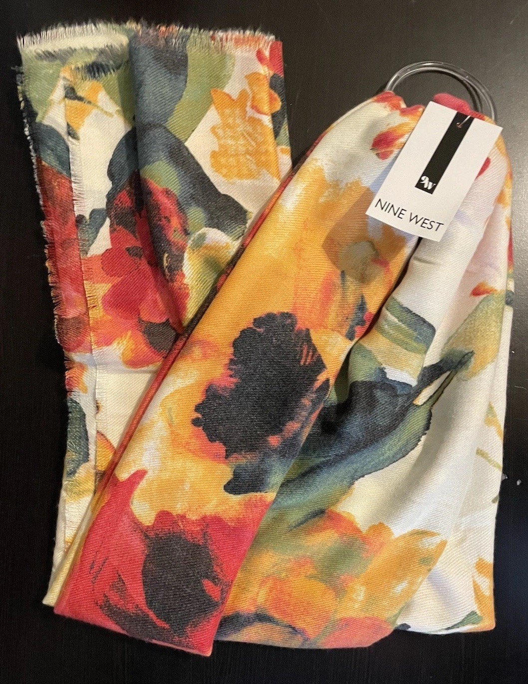 Nine West Women’s Fall Floral Scarf, Soft With Fringe Beautiful New With Tags