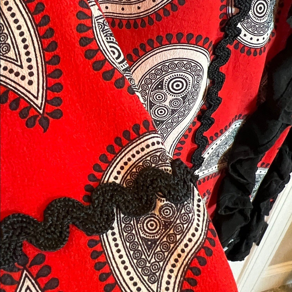 Dodo Bar Or Red Black Paisley Silk Blouse 40 6/8 designer studded ruffle top