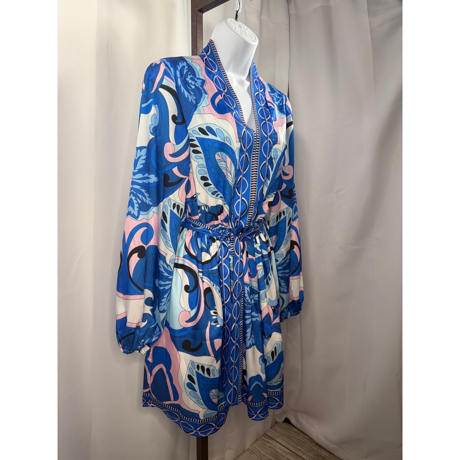 Blue & Pink Paisley Print Tie Waist Mini Dress | Medium