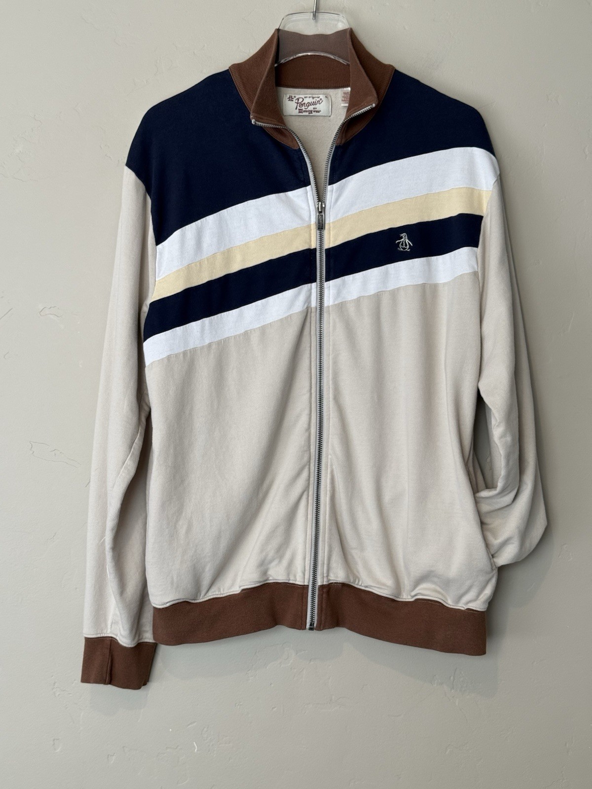 Original Penguin Jacket Mens XL Beige Navy Stripe Full Zip Track Colorblock