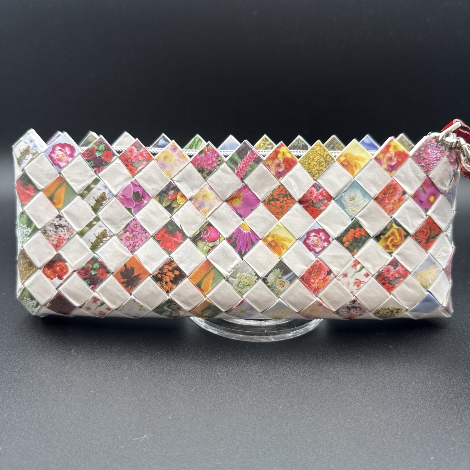Nahui Ollin White And Floral Candy Wrapper Clutch Purse Wristlet Zip Top Woven