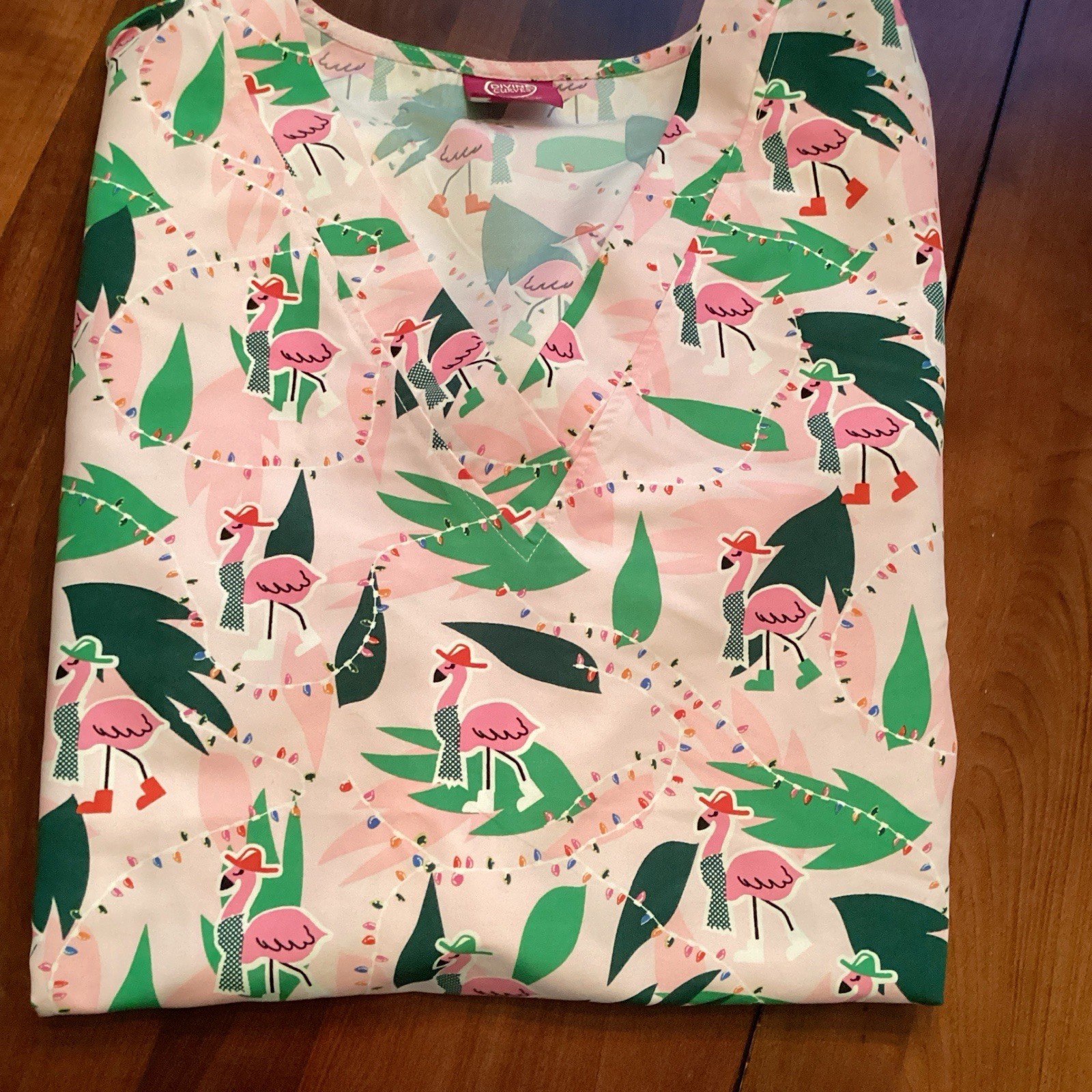 2x Scrub Top NWOT V Neck “Flamingos With Party Lights” 2 Front Pockets