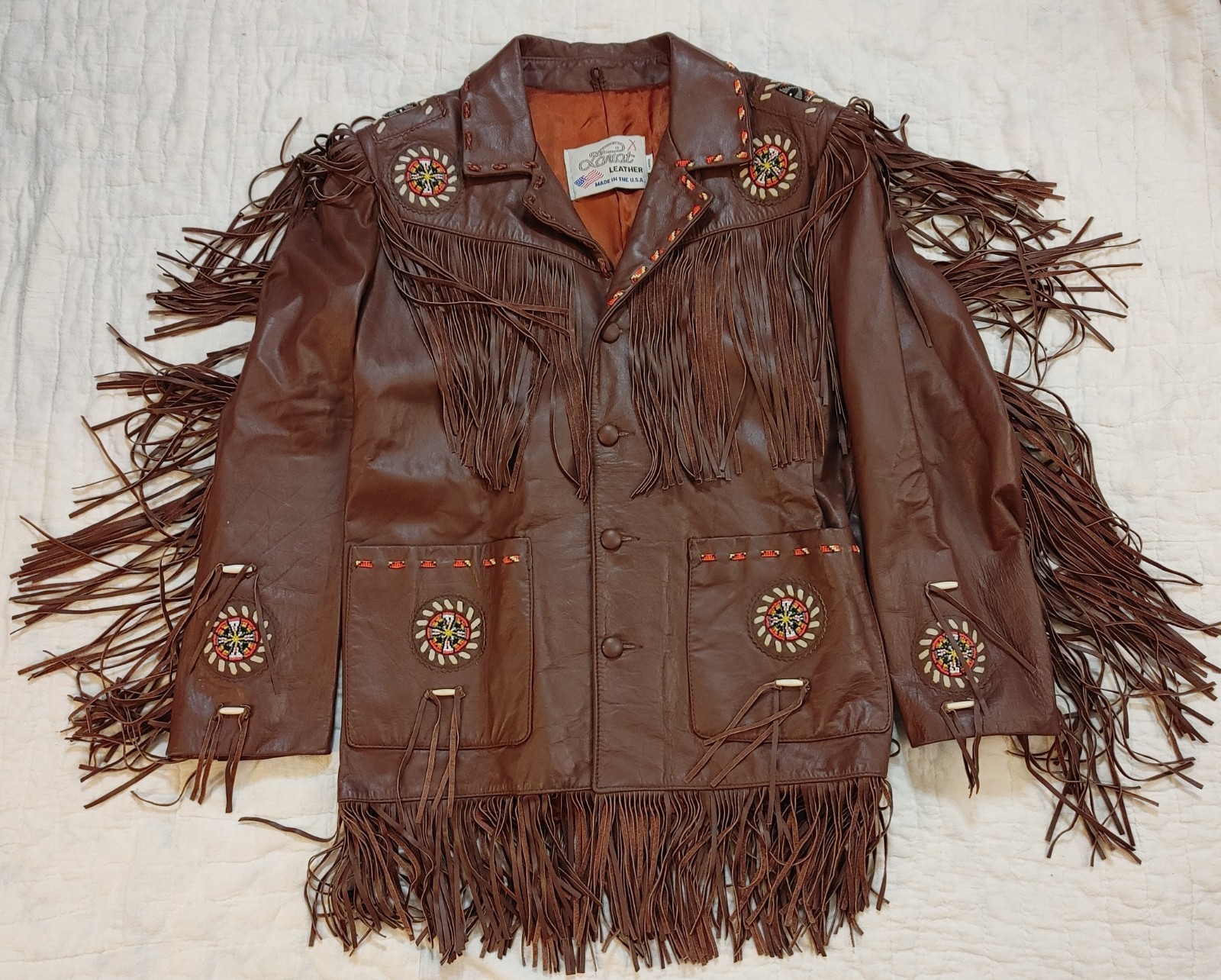 Vintage 70s Lariat Leather Fringe Jacket Beaded Western Cowboy Hippie Ranch USA