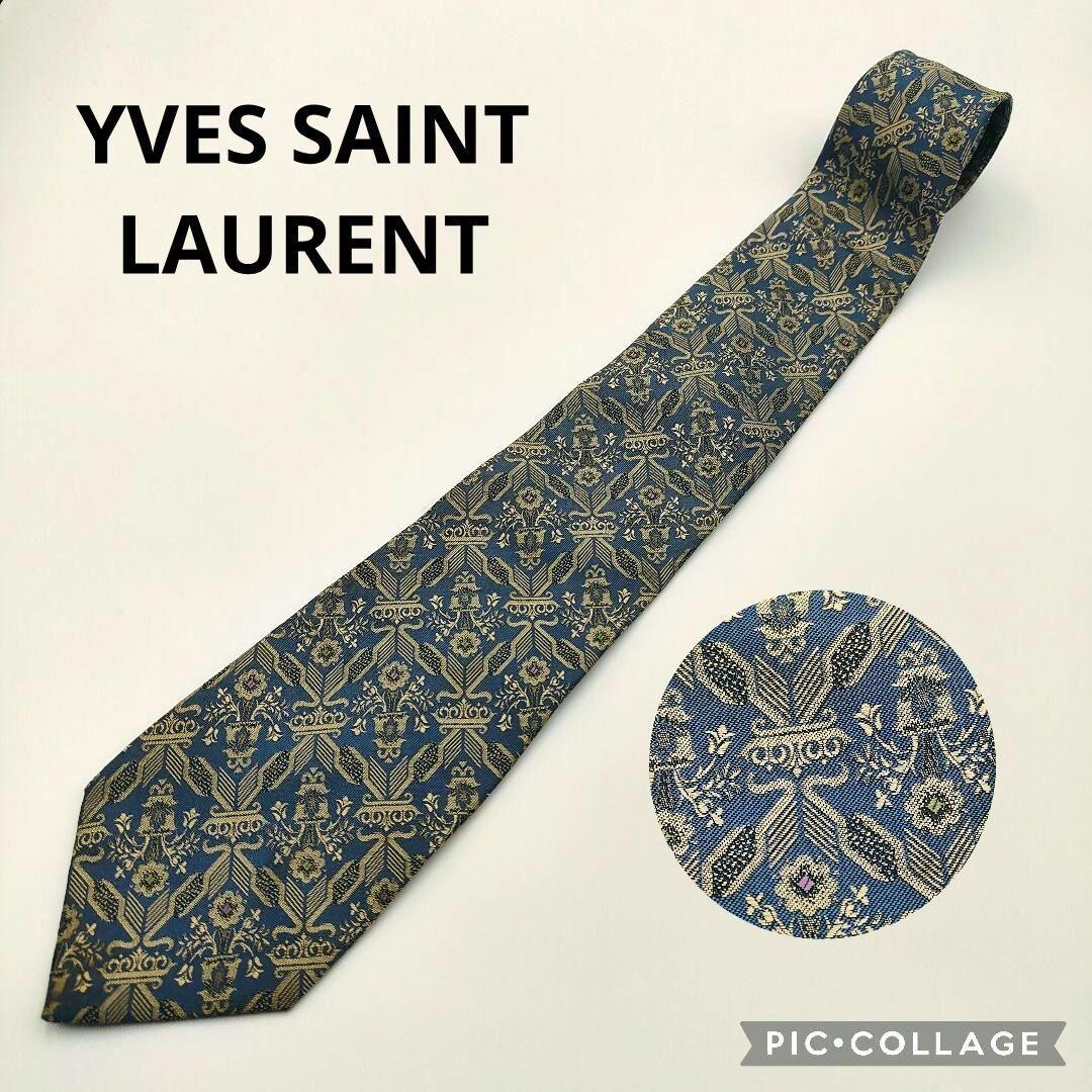 Yves Saint Laurent Vintage Silk Tie Navy Gold All Over Pattern Japan 8.3cm