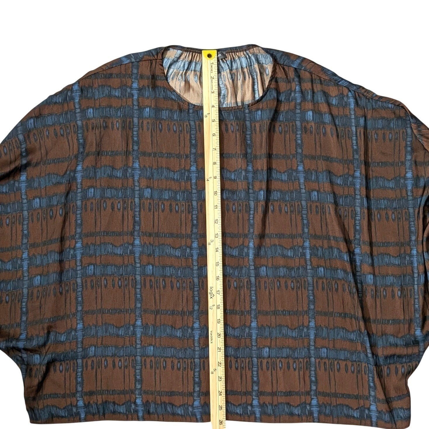 Grade & Gather Blouse Ikat Batwing Dolman Sleeve Brown Blue Plaid Boho Top S/M