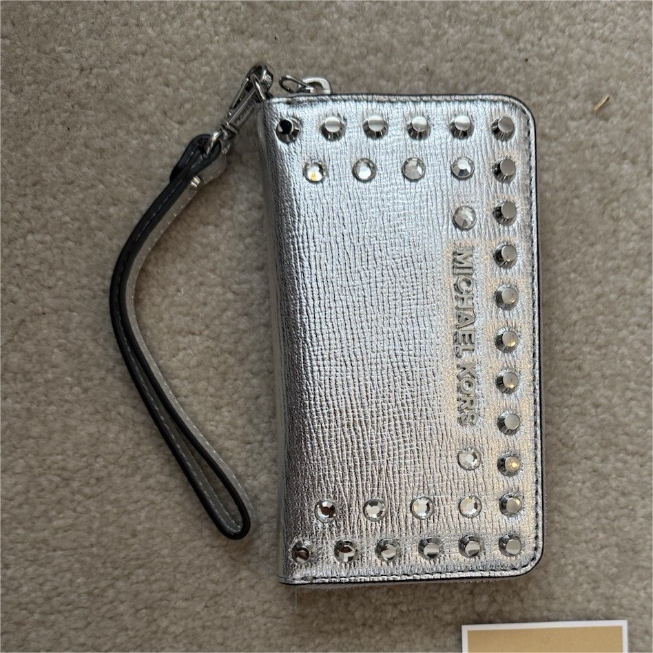 Michael Kors Silver Studded Zip-Around Wristlet Wallet, Credit Card Folding