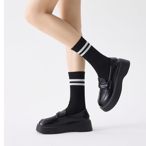 Womens Striped Crew Socks，Casual Long Athletic 4pairs-white Black Grey Khaki