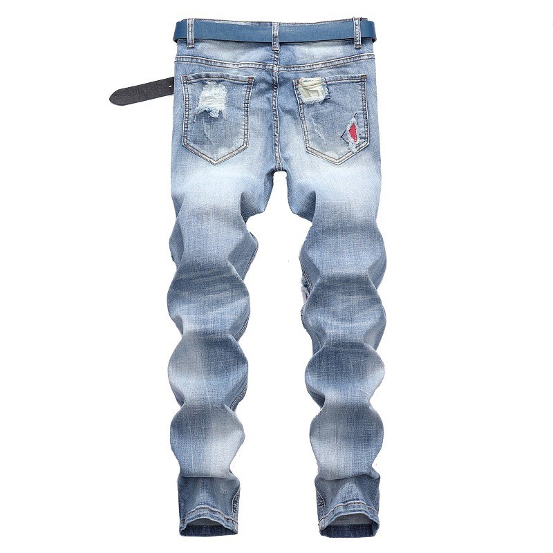 Men’s Casual Light Colored Elastic Motorcycle Pants with Torn Middle Waist Jeans