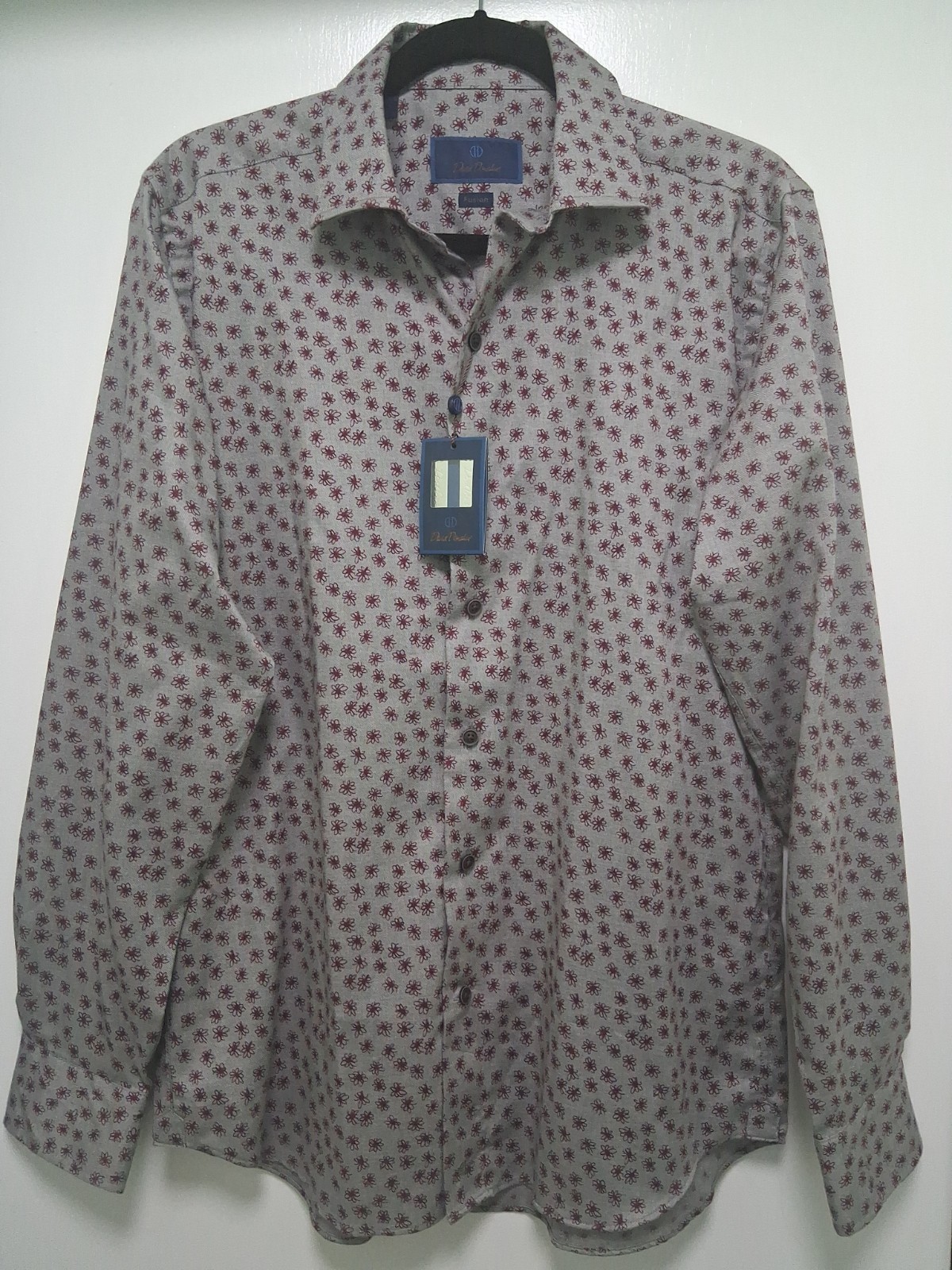 David Donahue Men’s Distinctive Merlot Floral Print On Light Gray Background M
