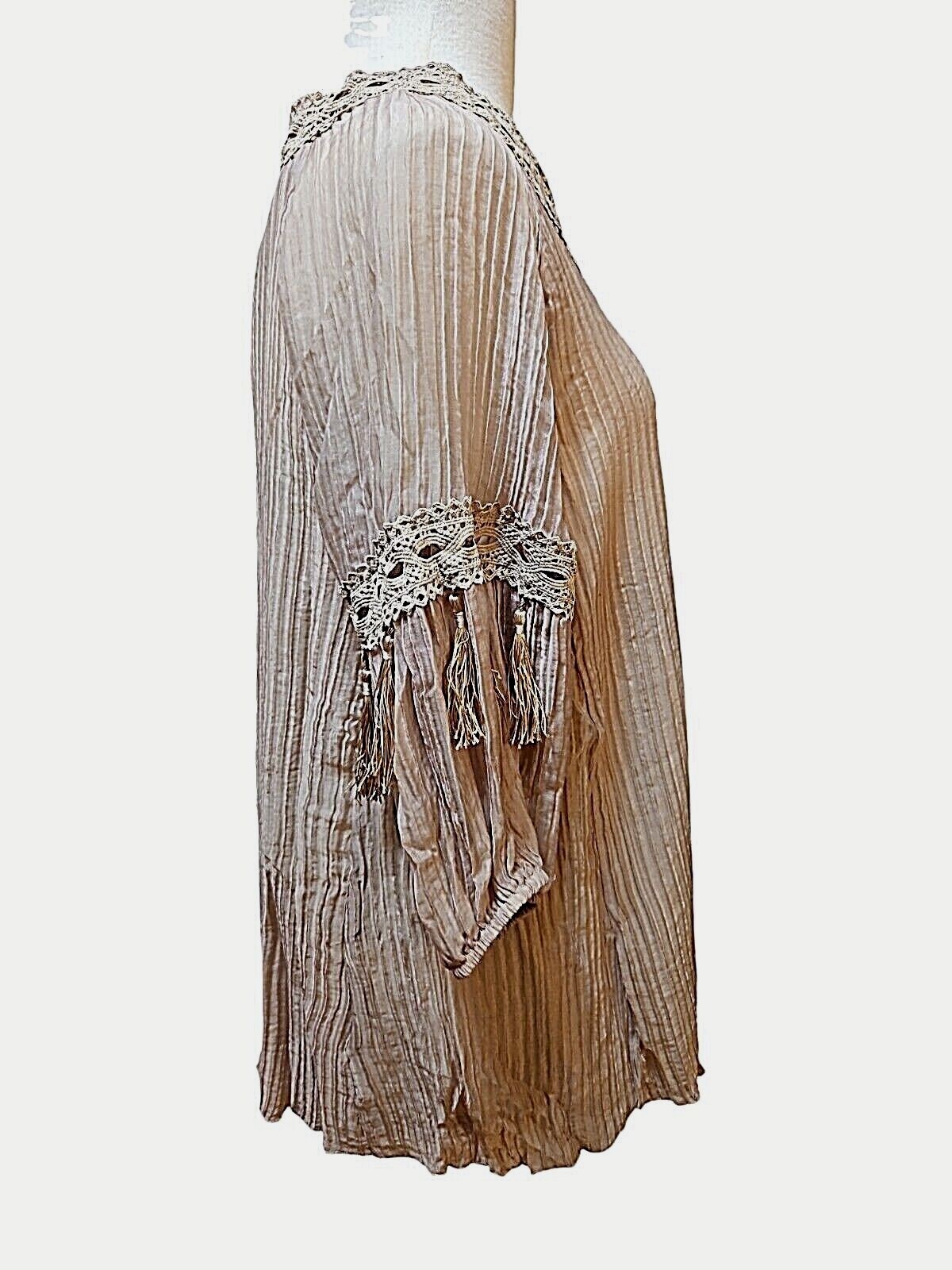 Pretty Angel Blouse Womens Large Tan Brown 3/4 Sleeve Fringe V Neck Bohemian New