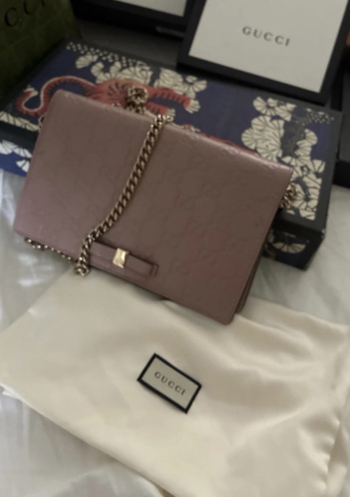 Gucci Pink GG Guccissima Bow Embossed Logo Chain Strap Shoulder Bag