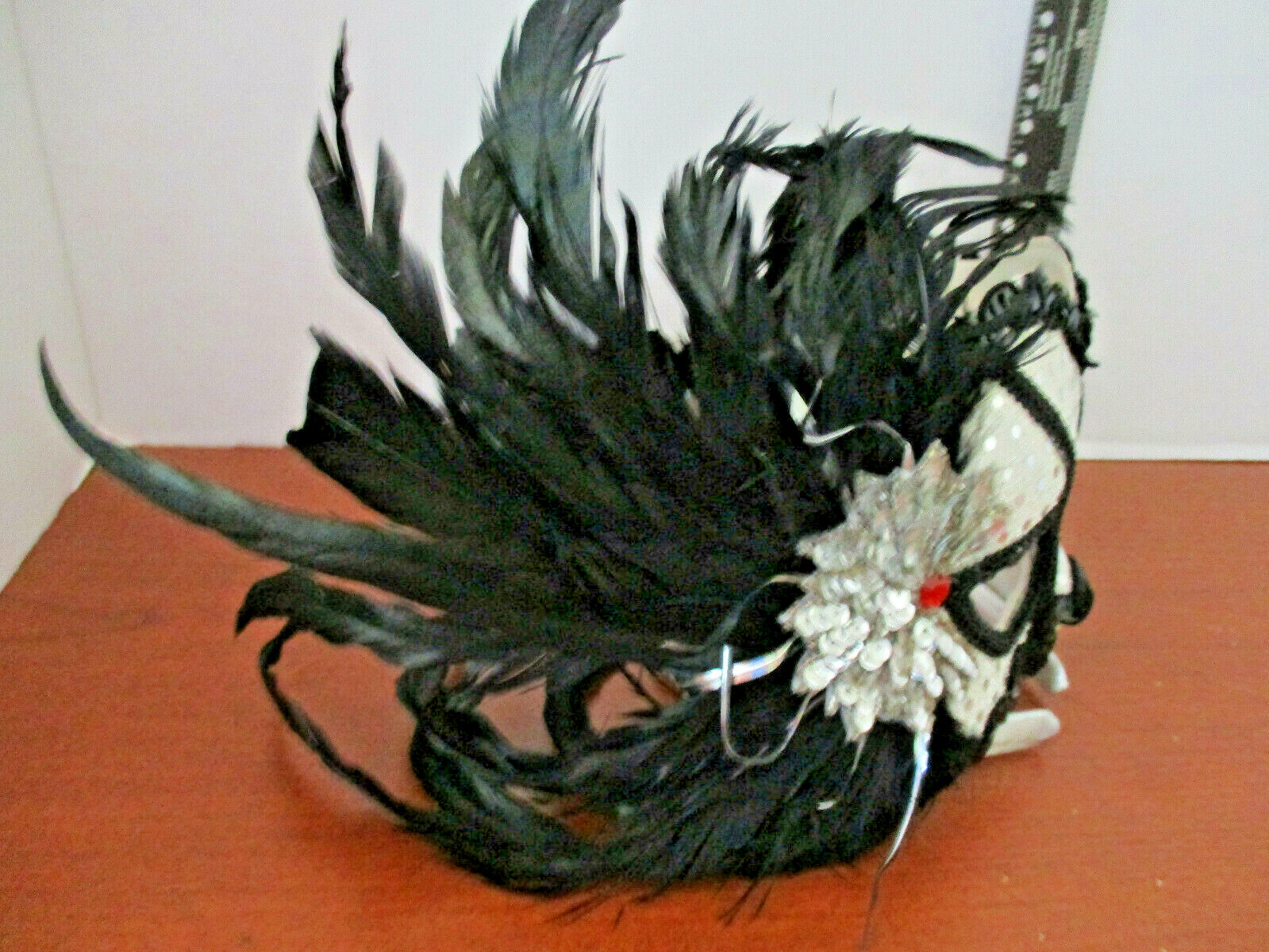 Beautiful SILVER & BLACK MASQUERADE EYE MASK with Black Feathers