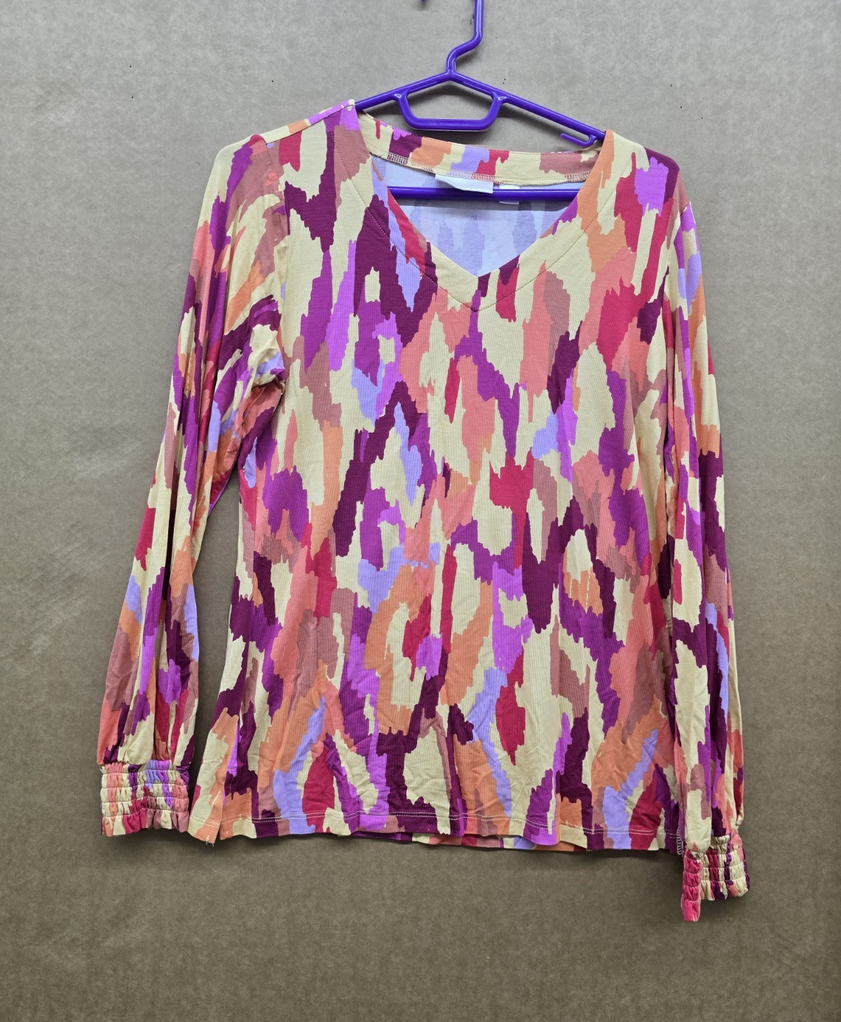 Belle by Kim Gravel Multicolor Abstract V-Neck Long Sleeve Stretch Knit Top XXS