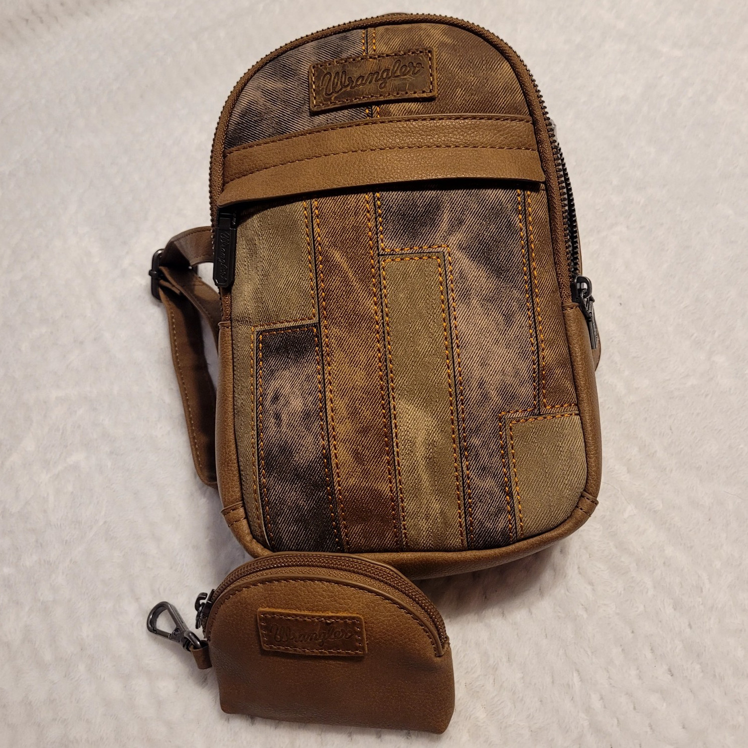 Wrangler Mini Denim Patchwork Backpack w/ Coin Purse Zip Brown Blue
