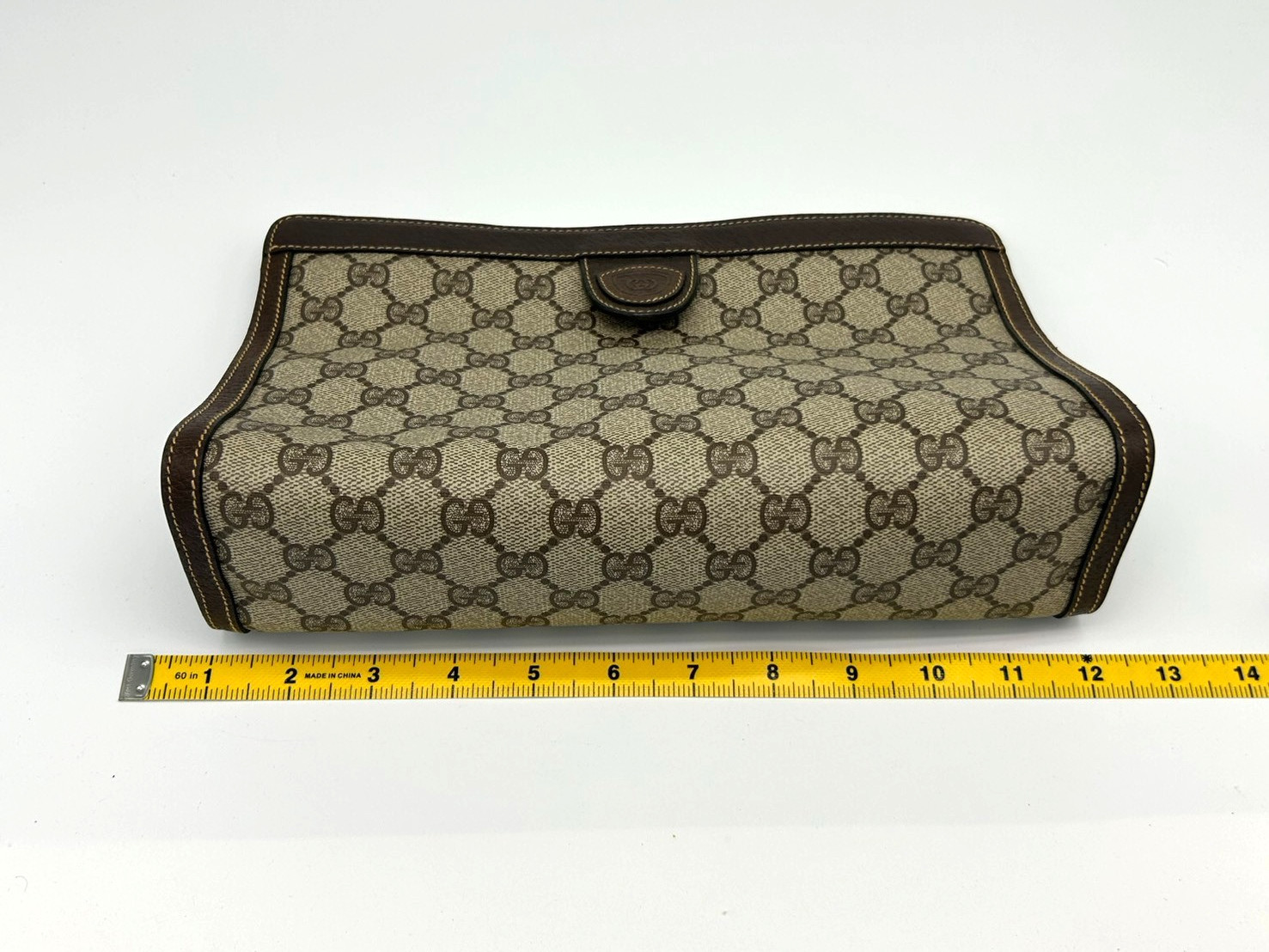 Gucci Clutch Bag GG Supreme Pouch Brown PVC Leather Vintage Authentic
