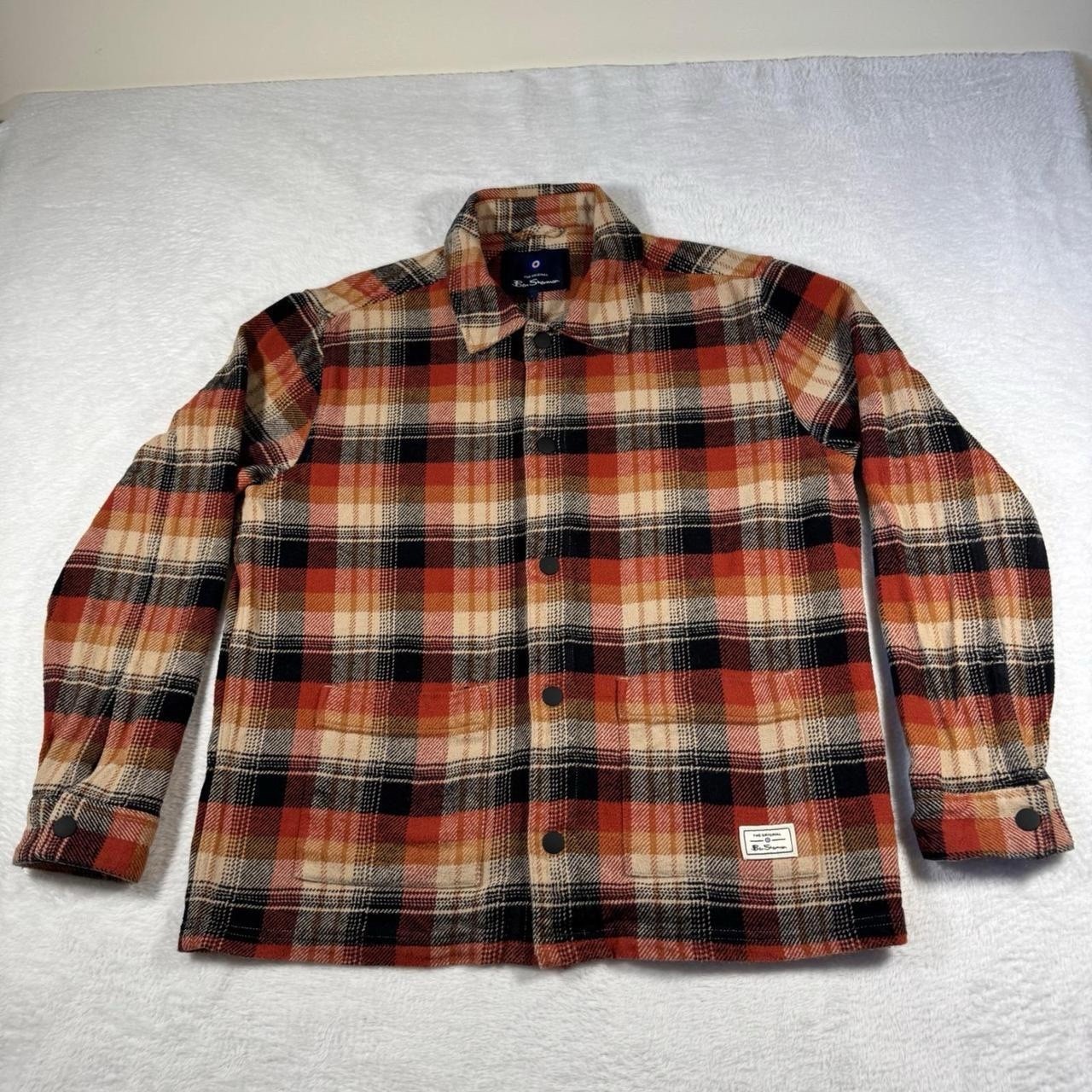 Ben Sherman Orange, Black & Cream Plaid Button-Up Shirt Jacket Men’s -Medium