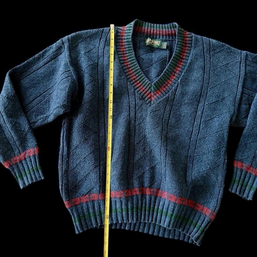 Vintage 80’s American Eagle Wool V Neck Varsity Sweater Large Wool Nylon Blue