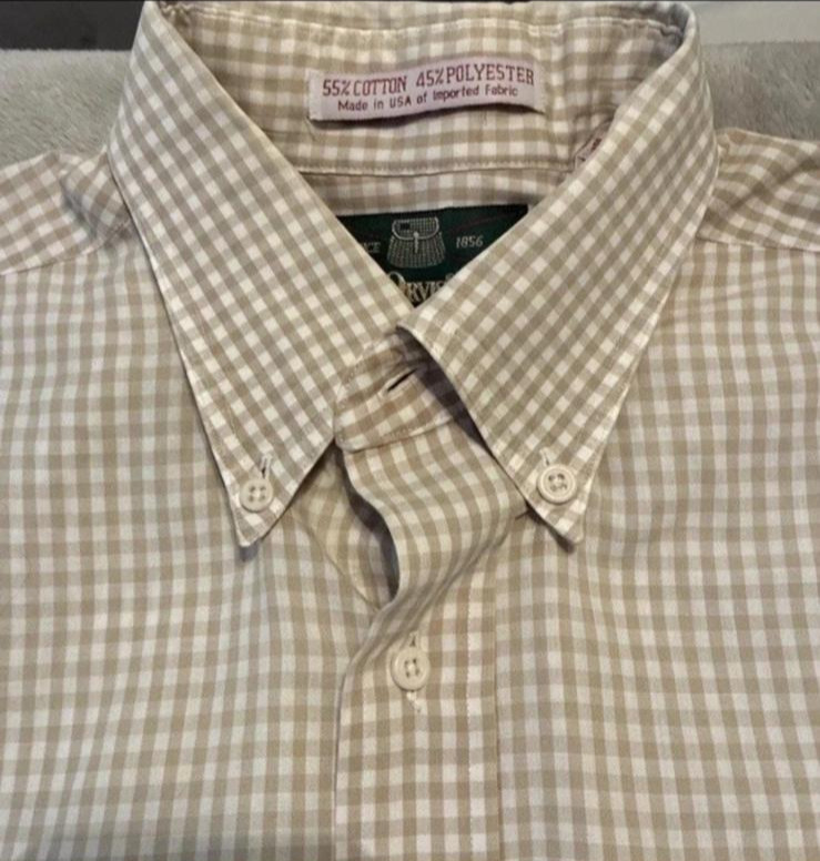 Orvis Vintage Men’s Large Button Down Shirt Beige Gingham USA Made FAST SHIP