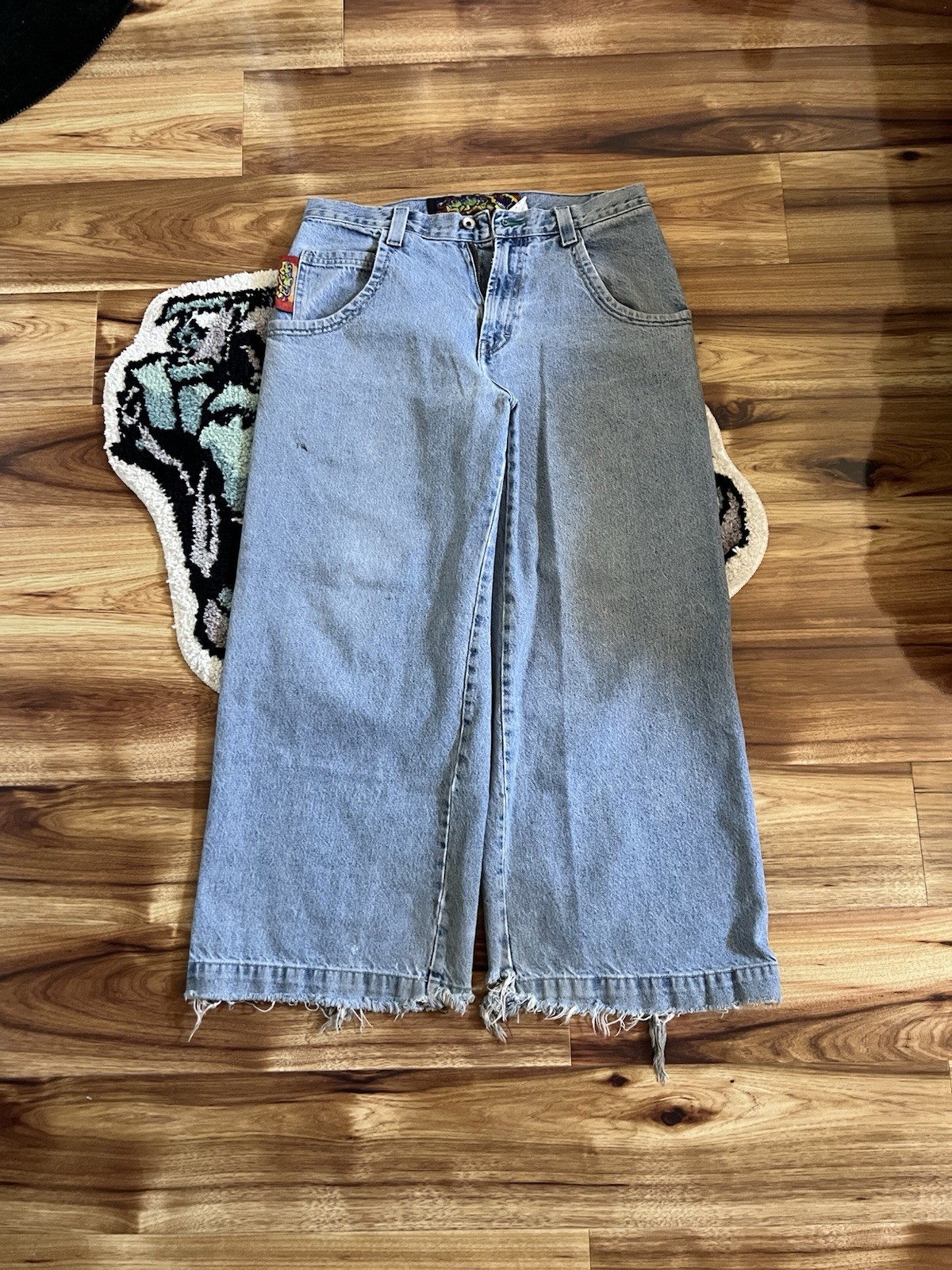 JNCO Men’s Wide-Leg Light Wash Blue Cotton Denim Jeans Low Rise 5-Pocket