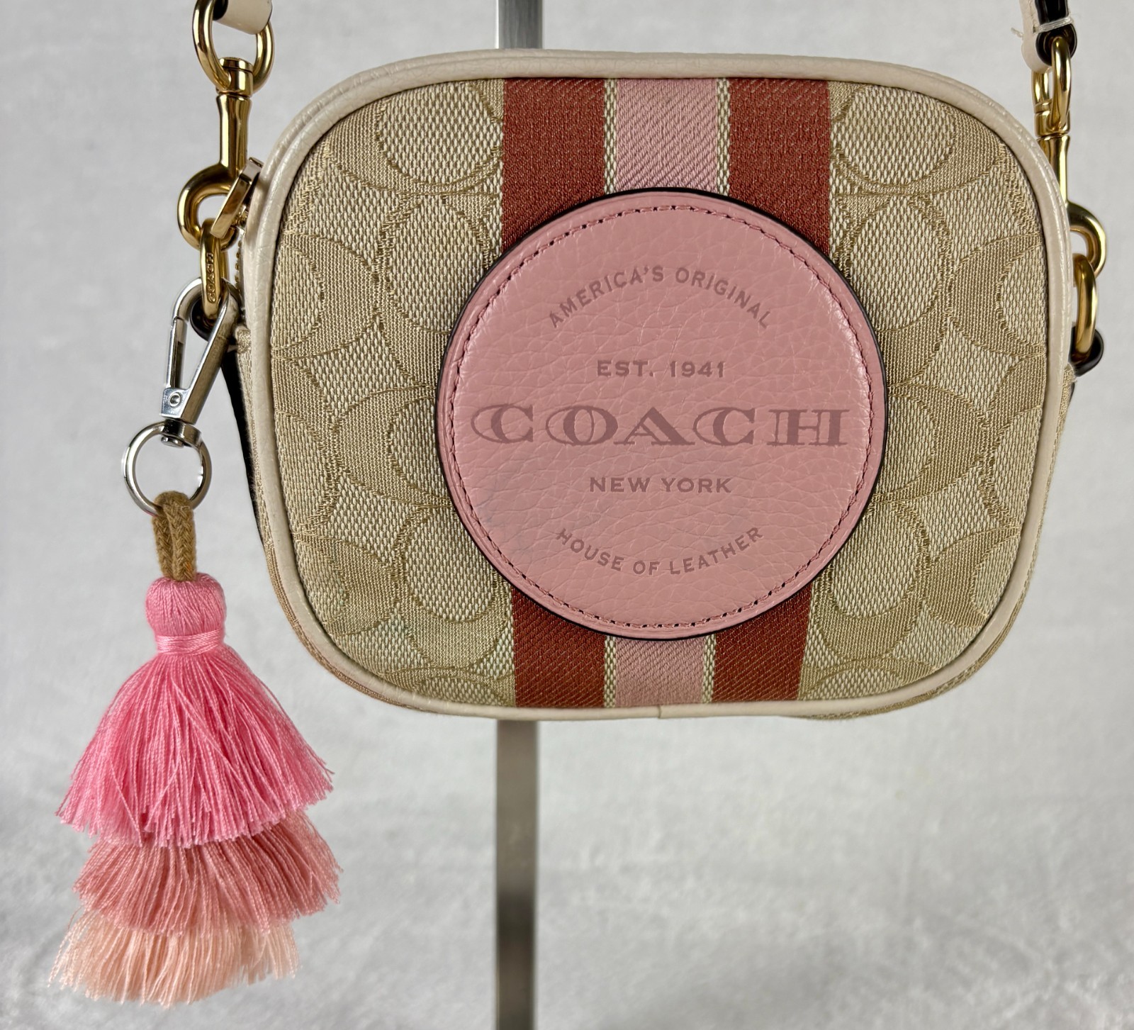 Coach Mini Dempsey Camera Bag in Khaki/Powder Pink Signature Jacquard and Charm
