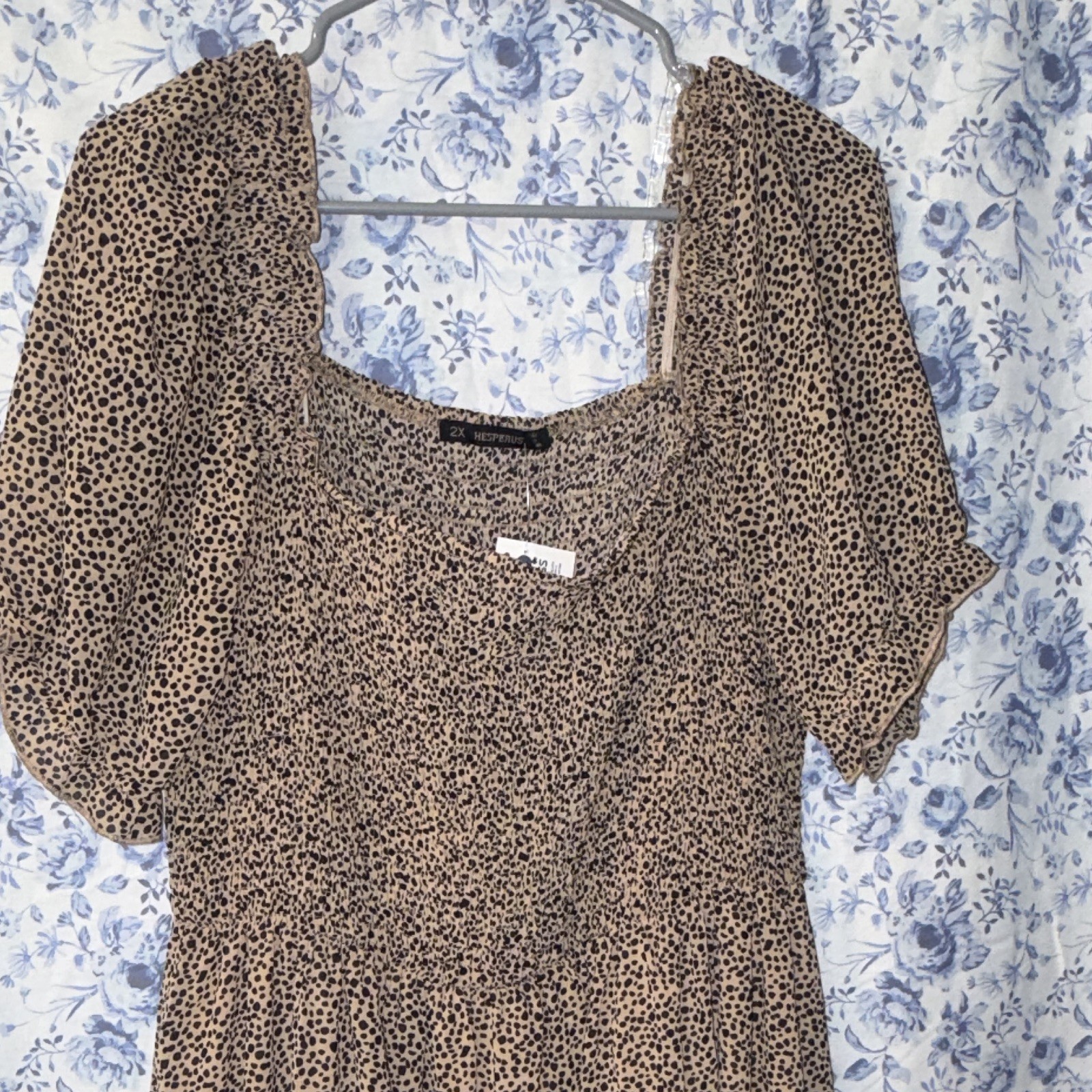 HESPERUS 2X Beige Black Animal Print Square Neck Short Sleeve Knee Dress