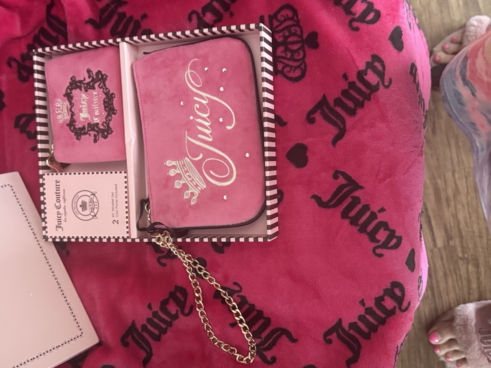 Juicy Couture Pink Zip-Around Wristlet Wallet, Chain Strap, Rhinestone Logo