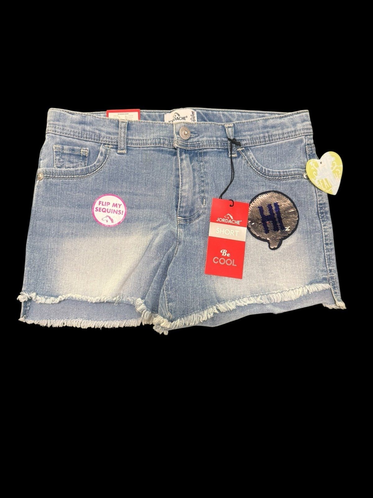NWT Jordache Flip Sequin “Hi/Bye” Girls Sequin Denim Shorts Lightwash Waist 16