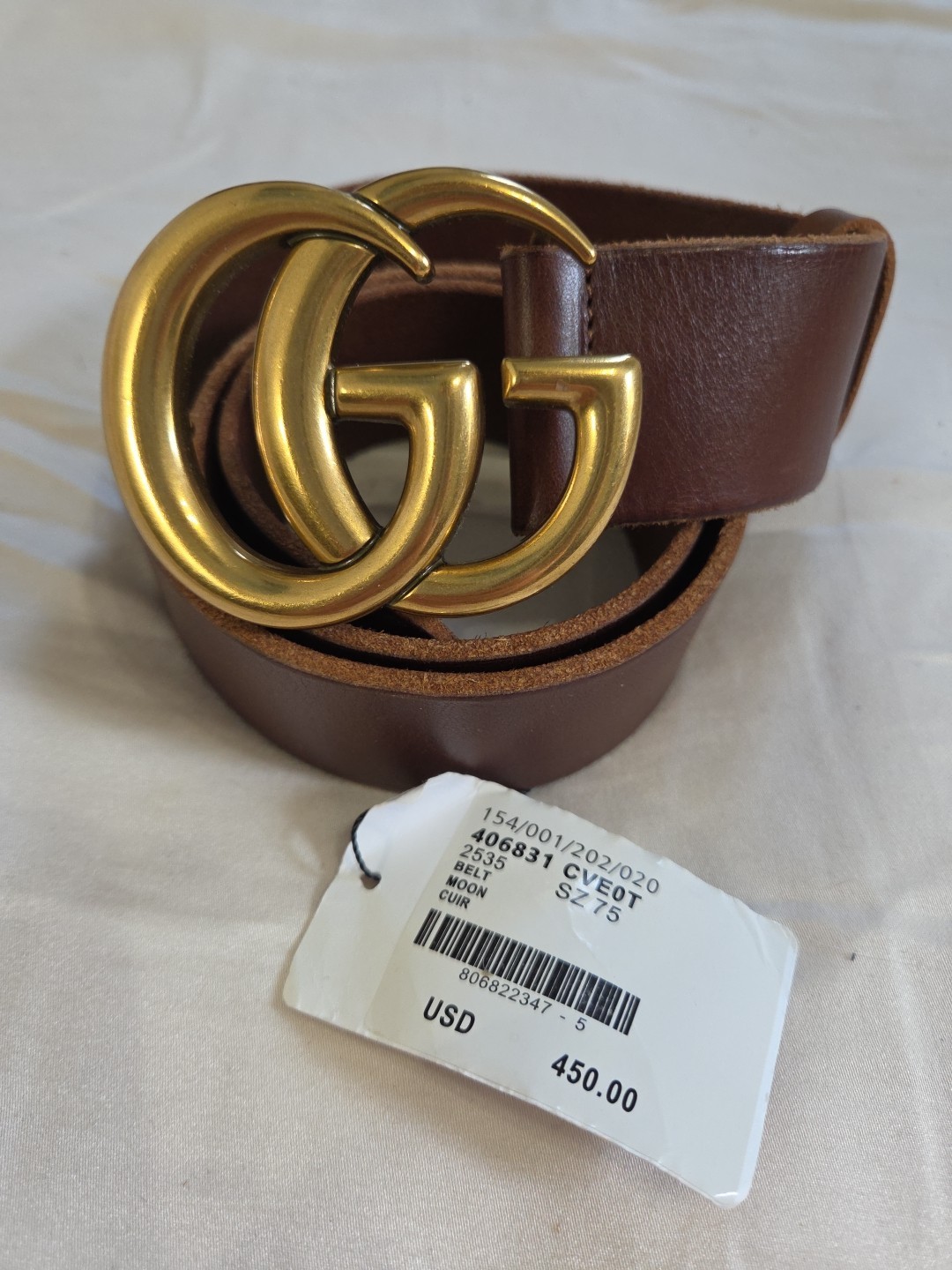 Authentic Womens Gucci Belt Brown Leather Gold GG Marmont Size 75cm