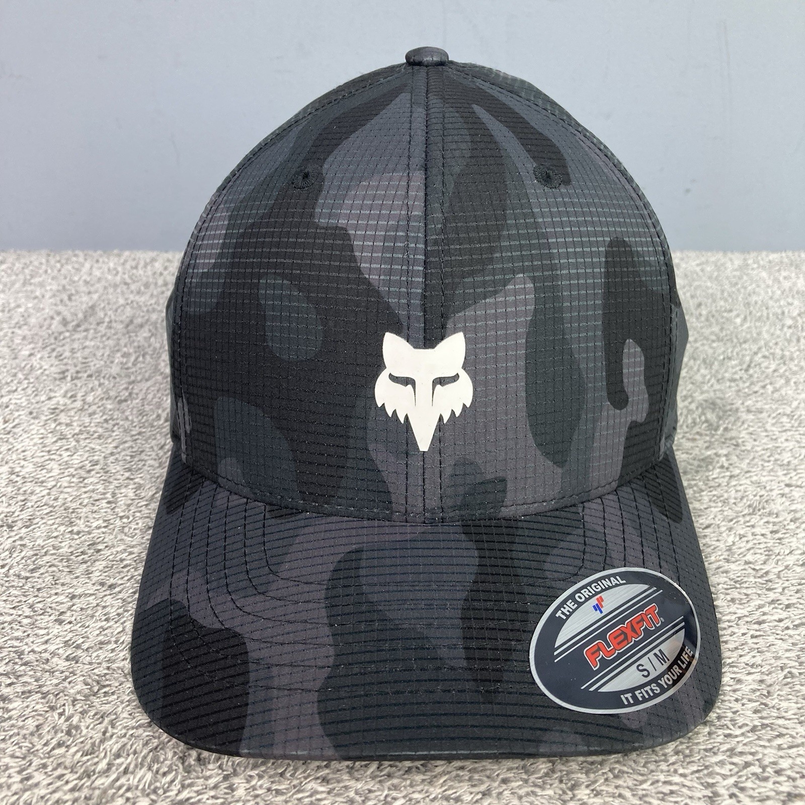 Fox Racing Hat OG Logo Tech FlexFit Camo Adult Men’s Black Gray S/M NEW
