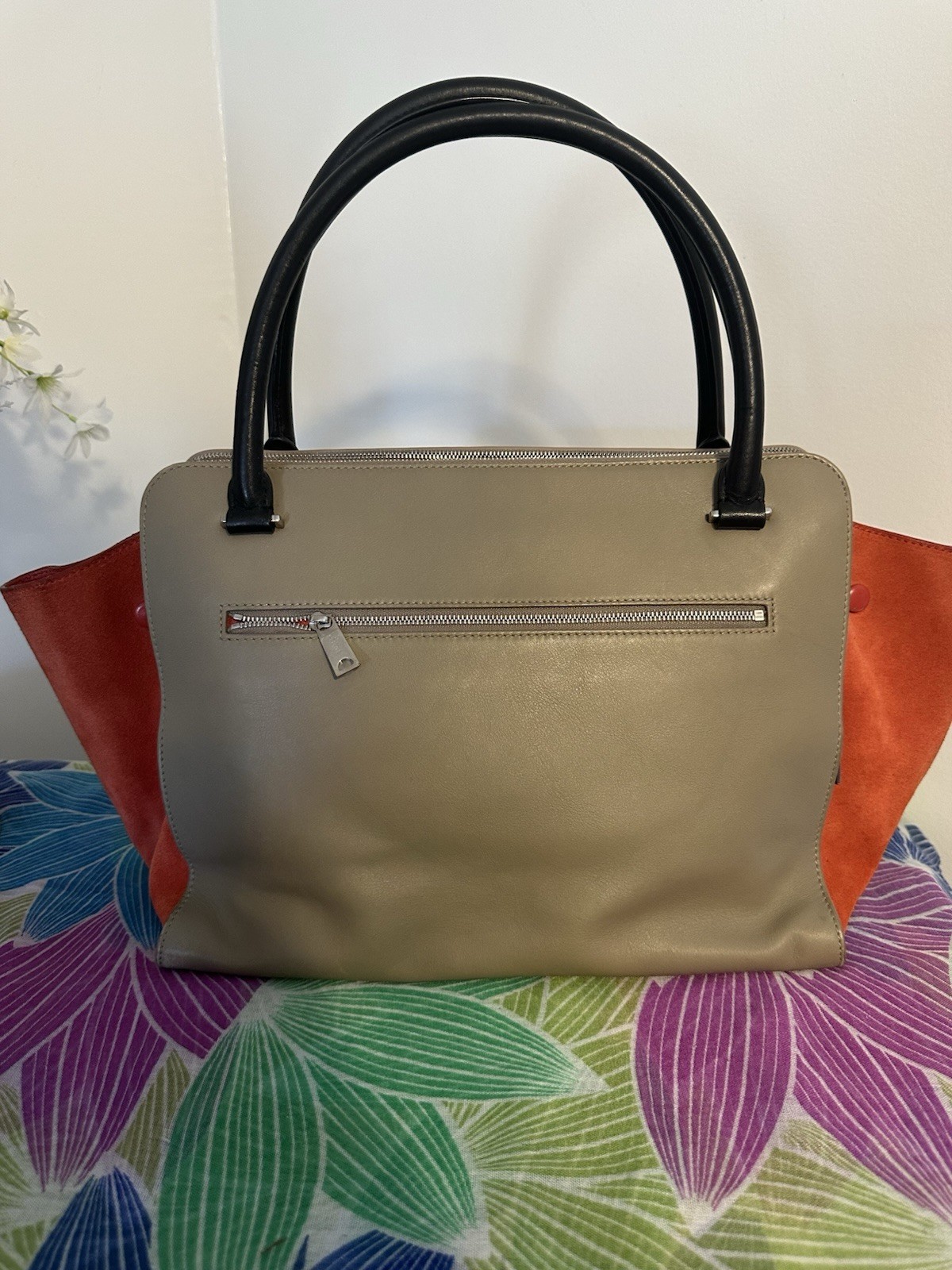 CELINE Trapeze Multicolor Colorblock Satchel Top Handle Bag, Zip/Clasp, Silver