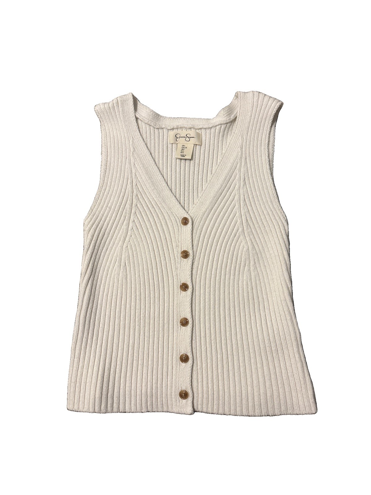 Jessica Simpson Women’s Ribbed Knit Button Front Sweater Vest Top White Size L