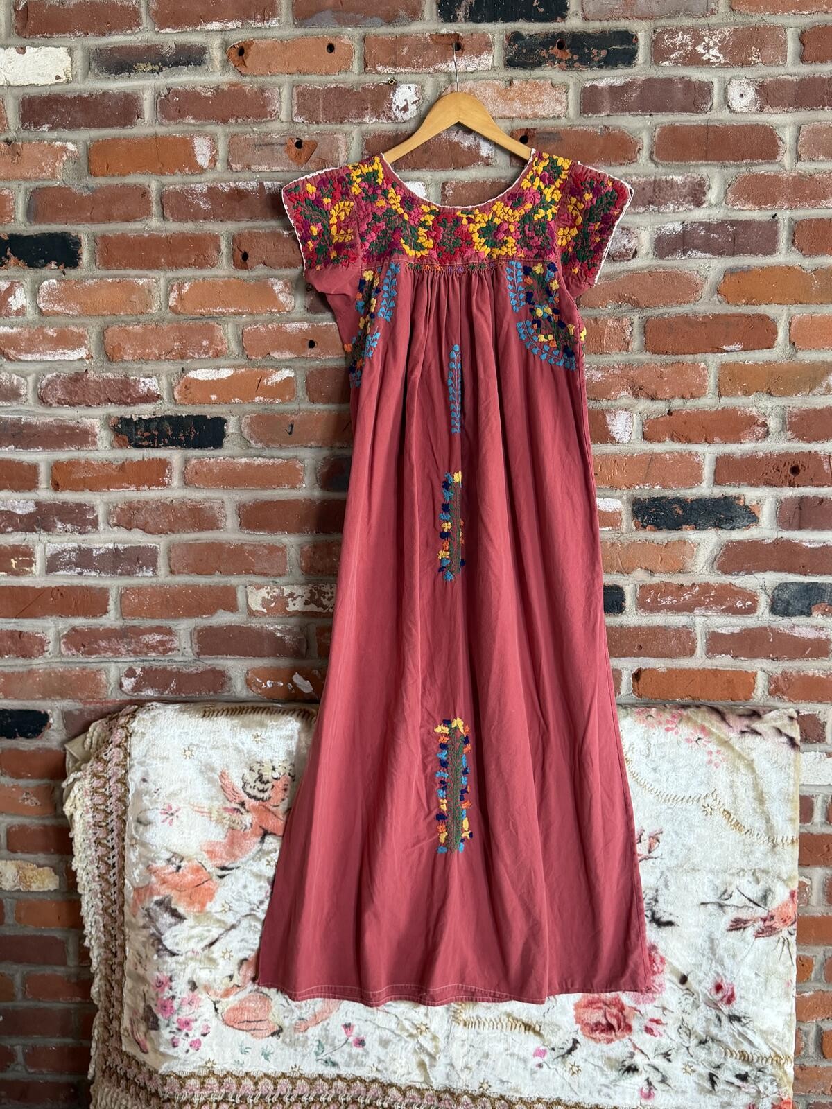 Vintage Embroidered Floral Yoke Midi Dress
