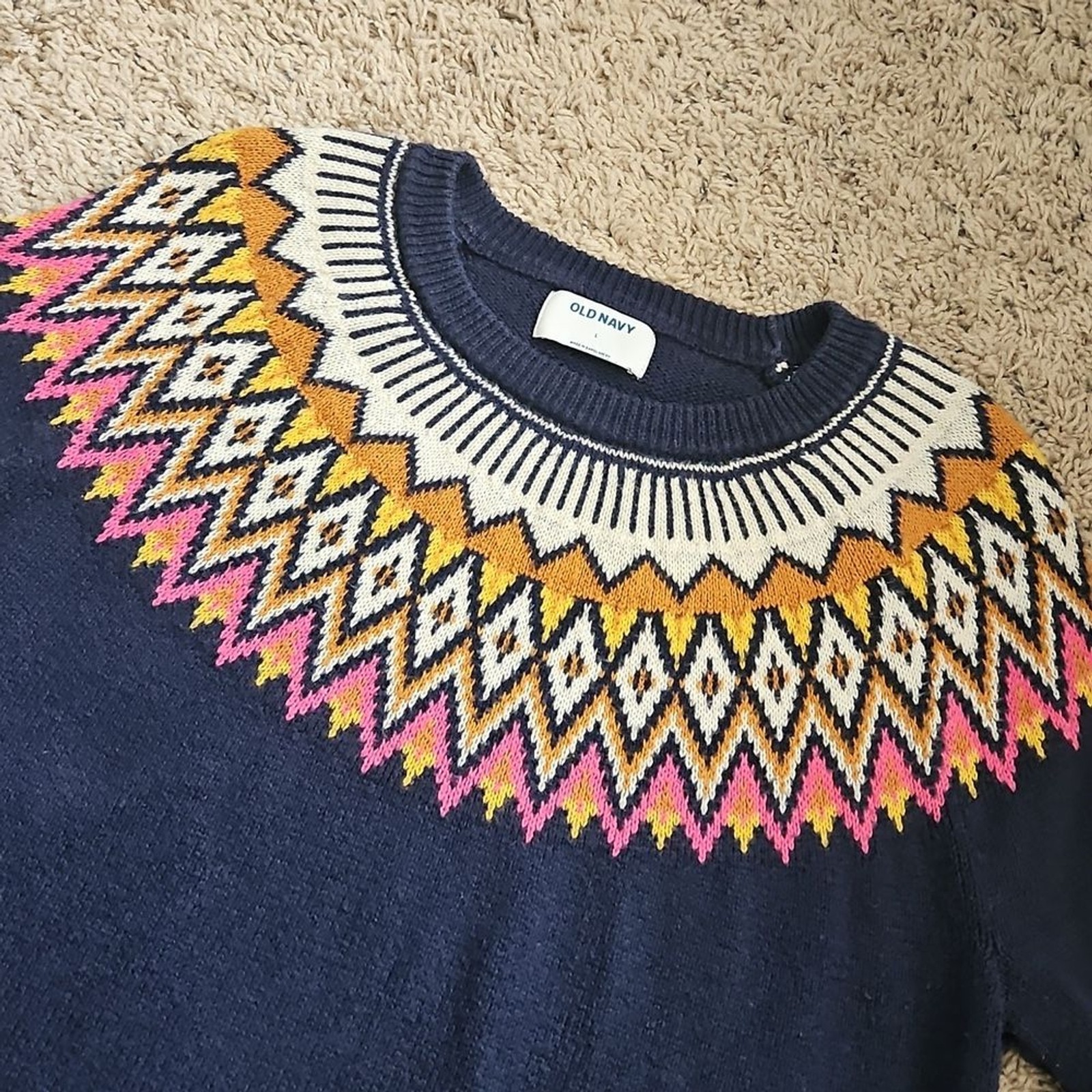 Old Navy Nordic Sweater Navy Blue Fair Isle Long Sleeves Knit – Size Large