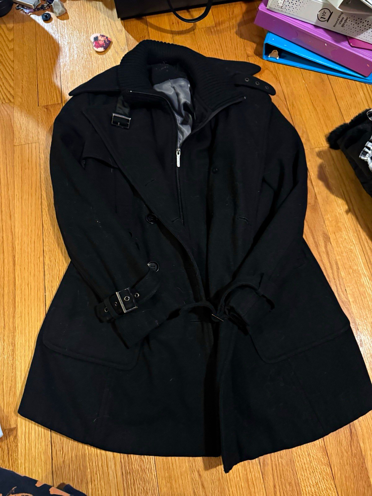 Calvin Klein Black Wool Blend Pea Coat Full Zip Buckle Mid-Length Size 6