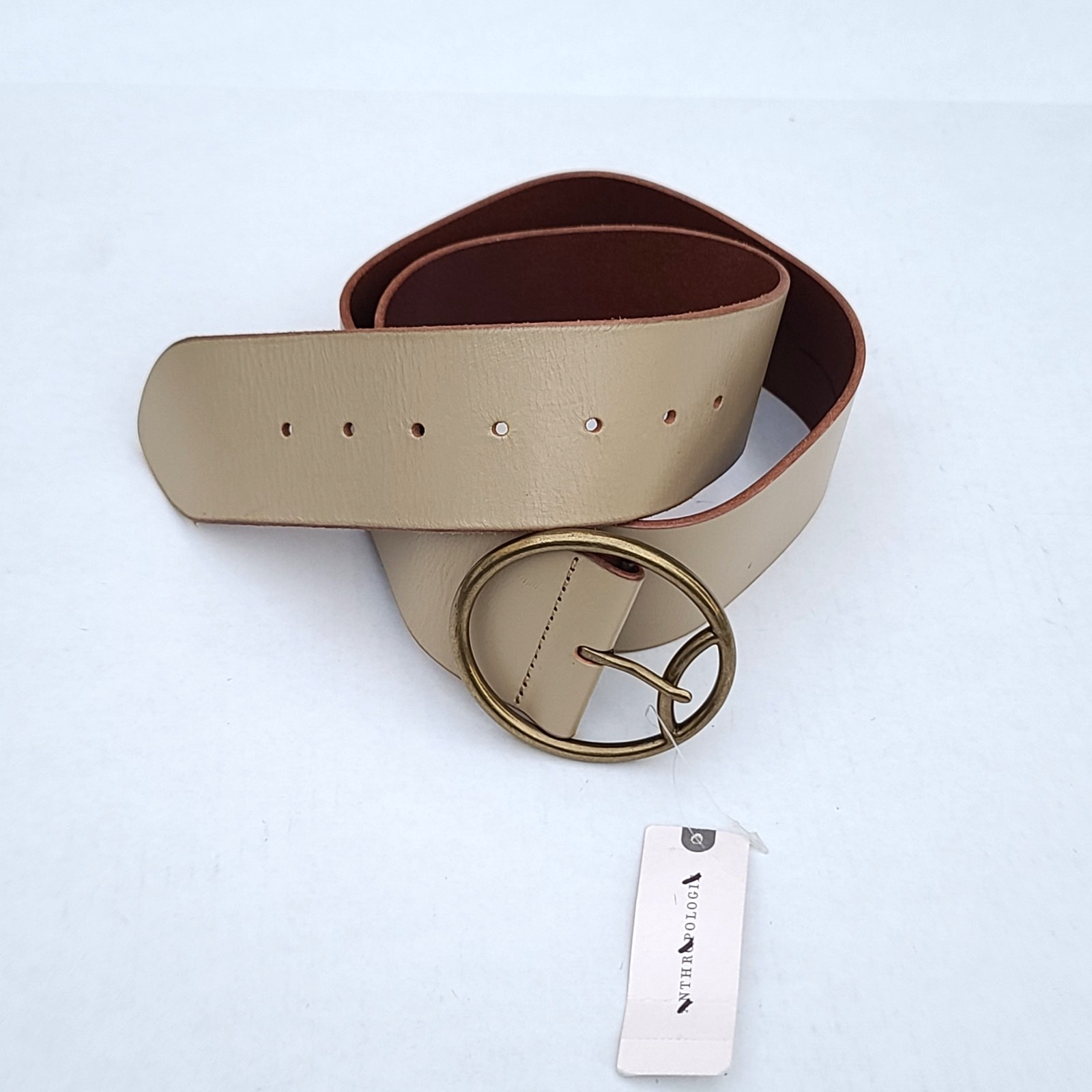 Anthropologie Wide Leather Belt w Round Brass Tone Buckle M/L Beige 2.25″W NWT